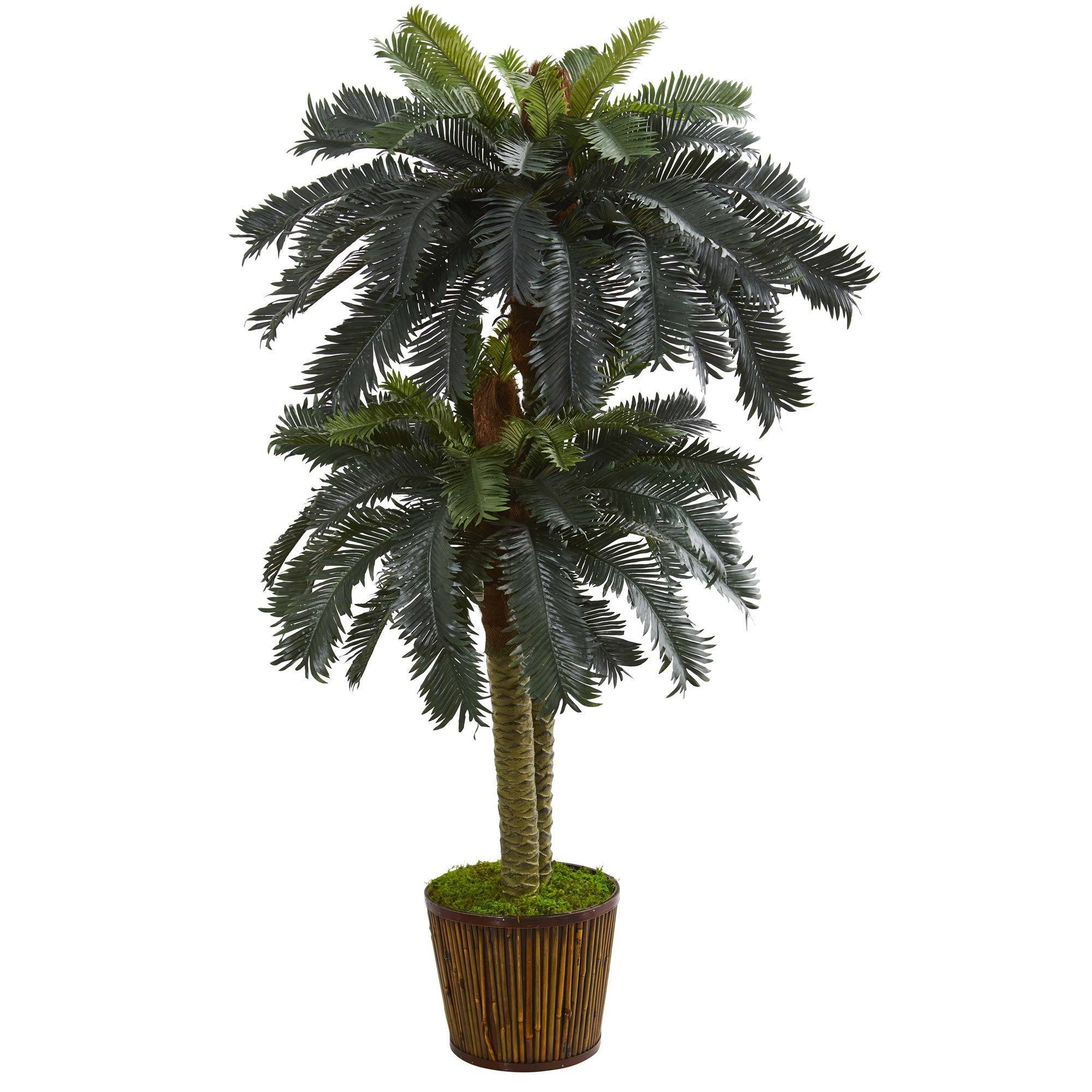 5.5’ Double Sago Palm Artificial Tree in Wood Planter