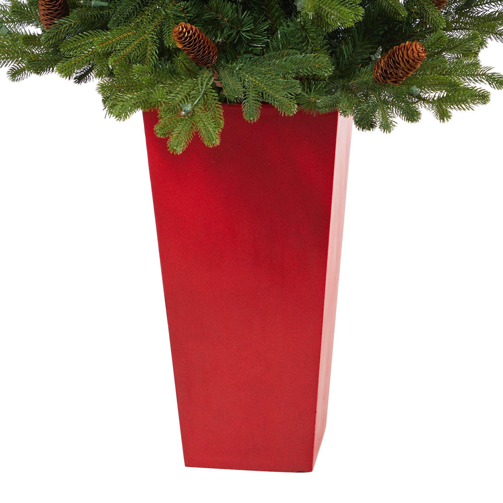 56” Yukon Mountain Fir Artificial Christmas Tree with 100 Clear Lights, Pine Cones and 386 Bendable Branches in Red Tower Planter