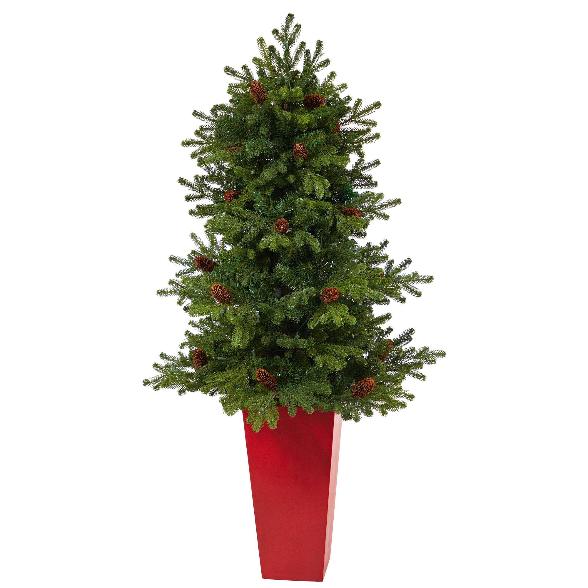 56” Yukon Mountain Fir Artificial Christmas Tree with 100 Clear Lights, Pine Cones and 386 Bendable Branches in Red Tower Planter