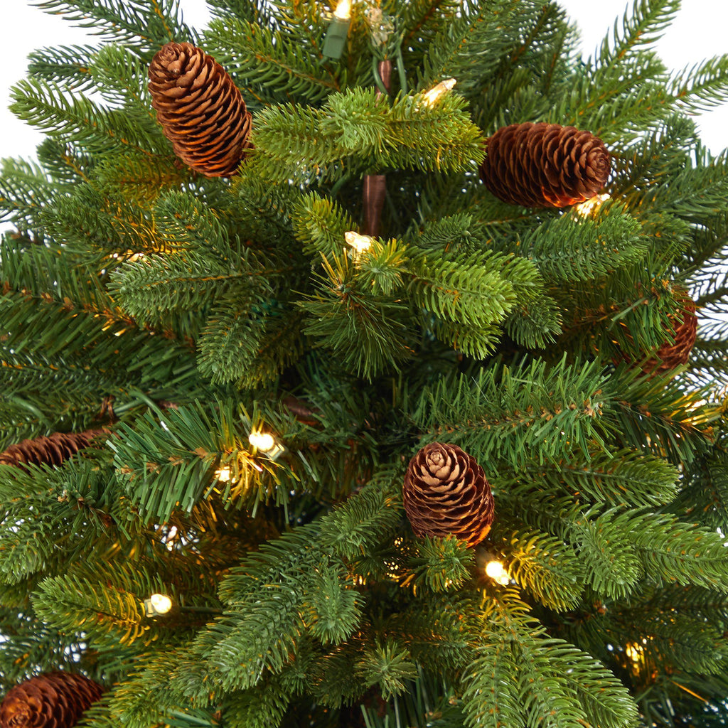 56” Yukon Mountain Fir Artificial Christmas Tree with 100 Clear Lights, Pine Cones and 386 Bendable Branches in Red Tower Planter