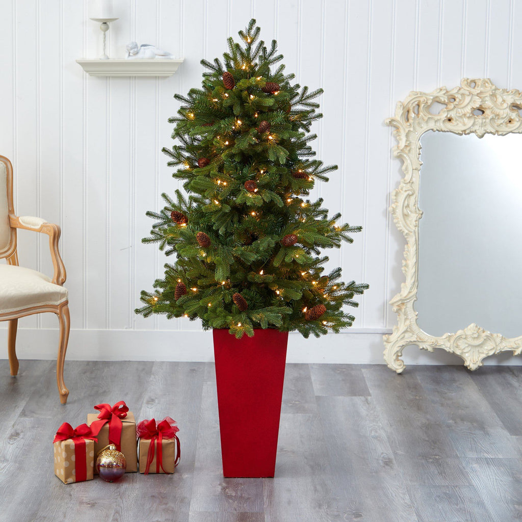 56” Yukon Mountain Fir Artificial Christmas Tree with 100 Clear Lights, Pine Cones and 386 Bendable Branches in Red Tower Planter