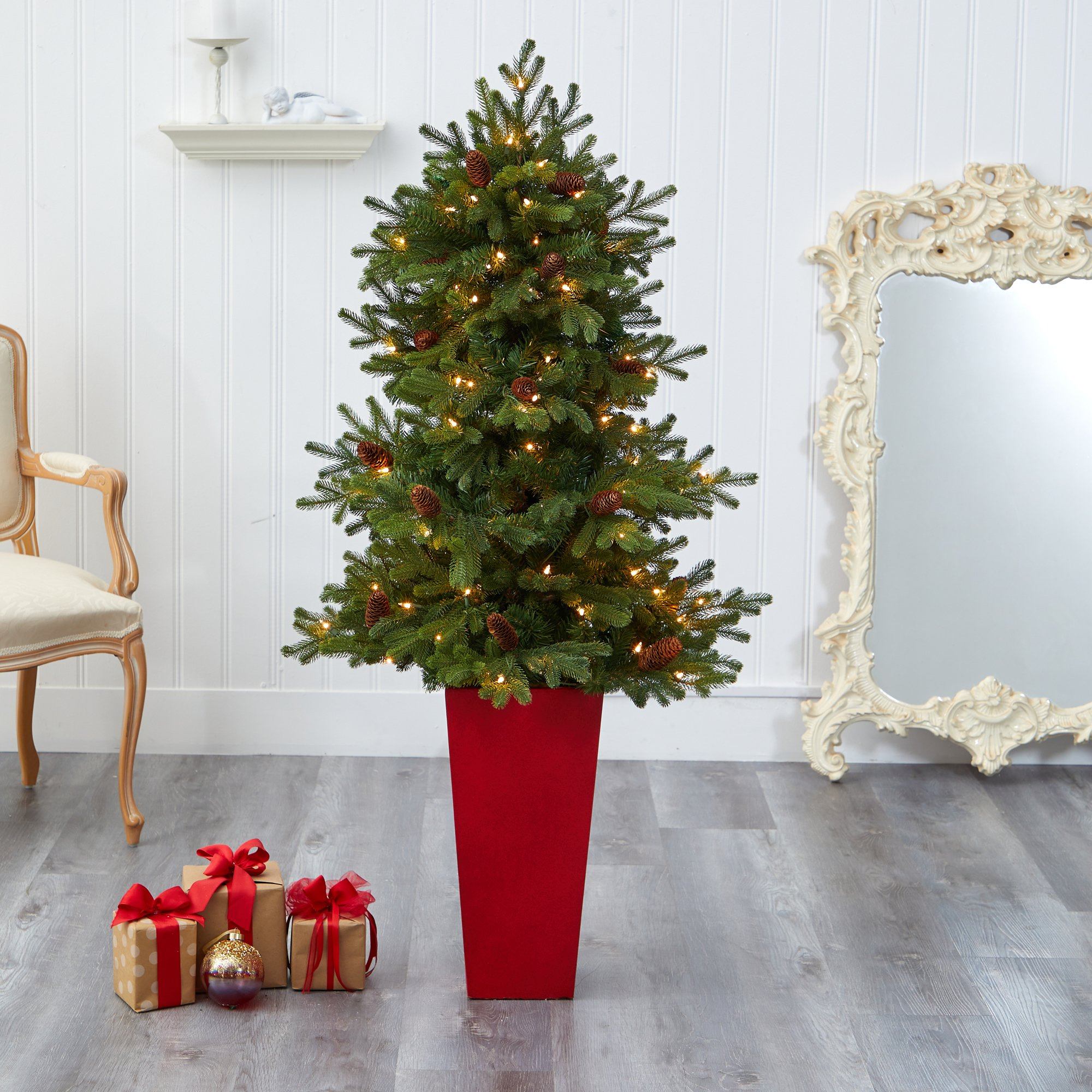 56” Yukon Mountain Fir Artificial Christmas Tree with 100 Clear Lights, Pine Cones and 386 Bendable Branches in Red Tower Planter