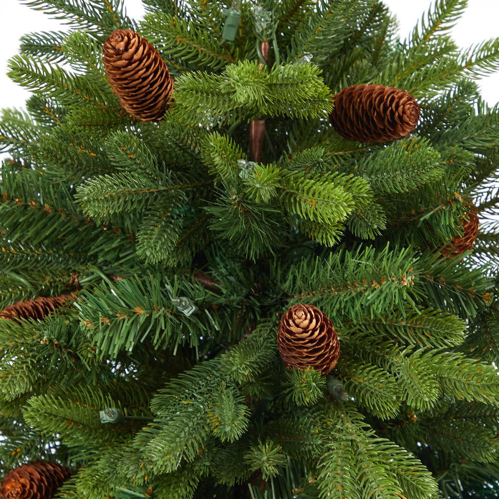 56” Yukon Mountain Fir Artificial Christmas Tree with 100 Clear Lights, Pine Cones and 386 Bendable Branches in Red Tower Planter