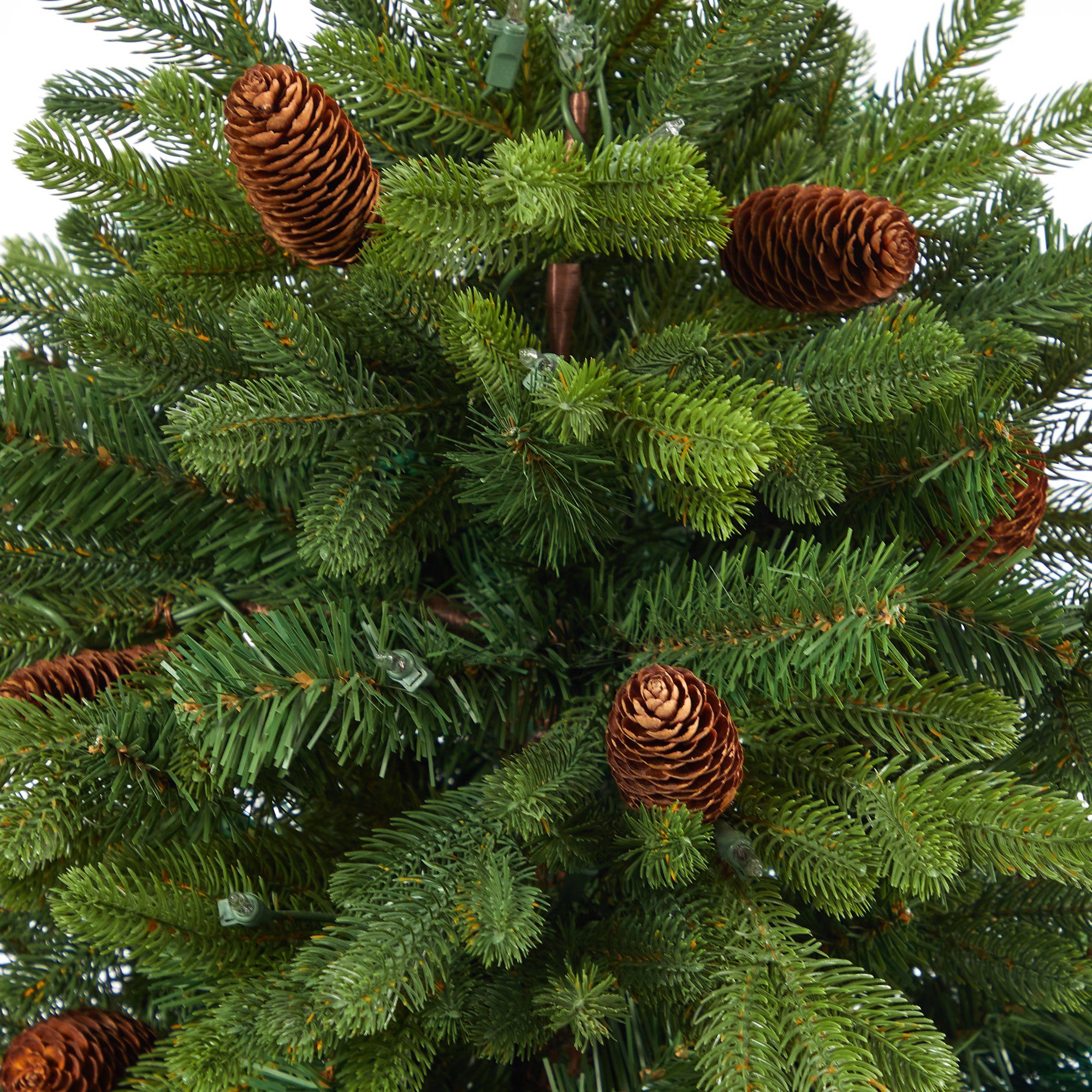 56” Yukon Mountain Fir Artificial Christmas Tree with 100 Clear Lights, Pine Cones and 386 Bendable Branches in Red Tower Planter