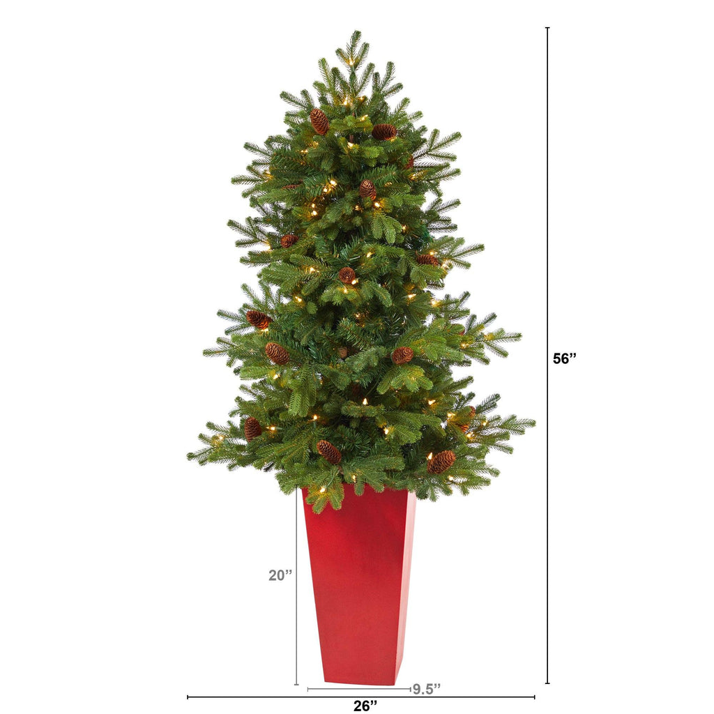 56” Yukon Mountain Fir Artificial Christmas Tree with 100 Clear Lights, Pine Cones and 386 Bendable Branches in Red Tower Planter