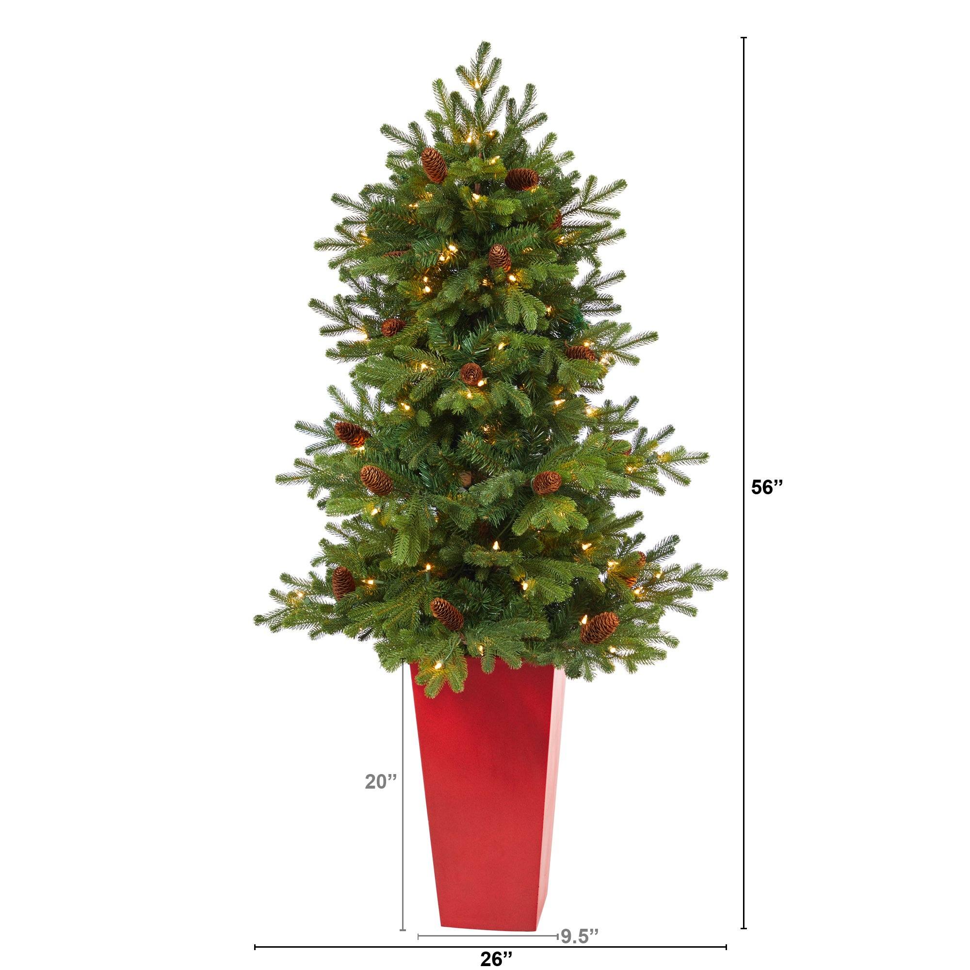 56” Yukon Mountain Fir Artificial Christmas Tree with 100 Clear Lights, Pine Cones and 386 Bendable Branches in Red Tower Planter