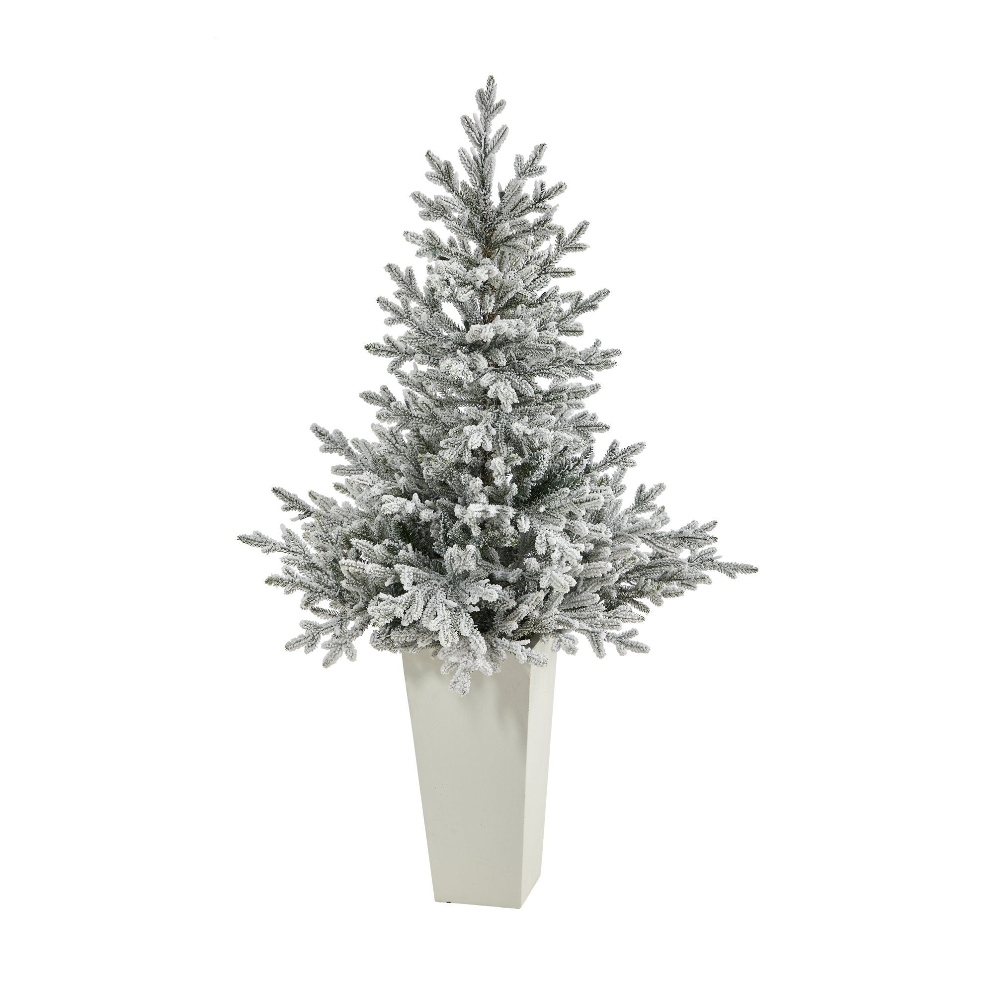 57” Flocked Fraser Fir Artificial Christmas Tree with 300 Warm White Lights and 967 Bendable Branches in Tower Planter