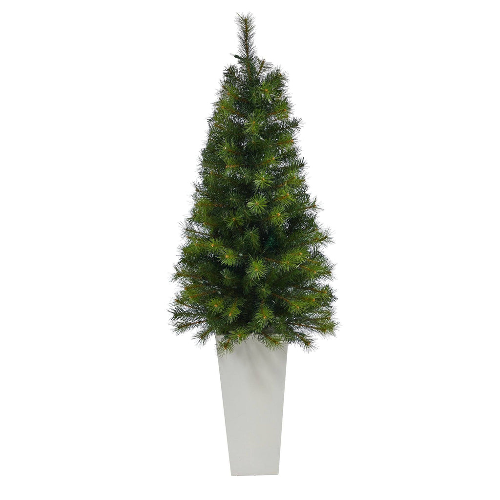 57” Green Valley Pine Artificial Christmas Tree with 100 Warm White LED Lights and 201 Bendable Branches in Tall White Planter