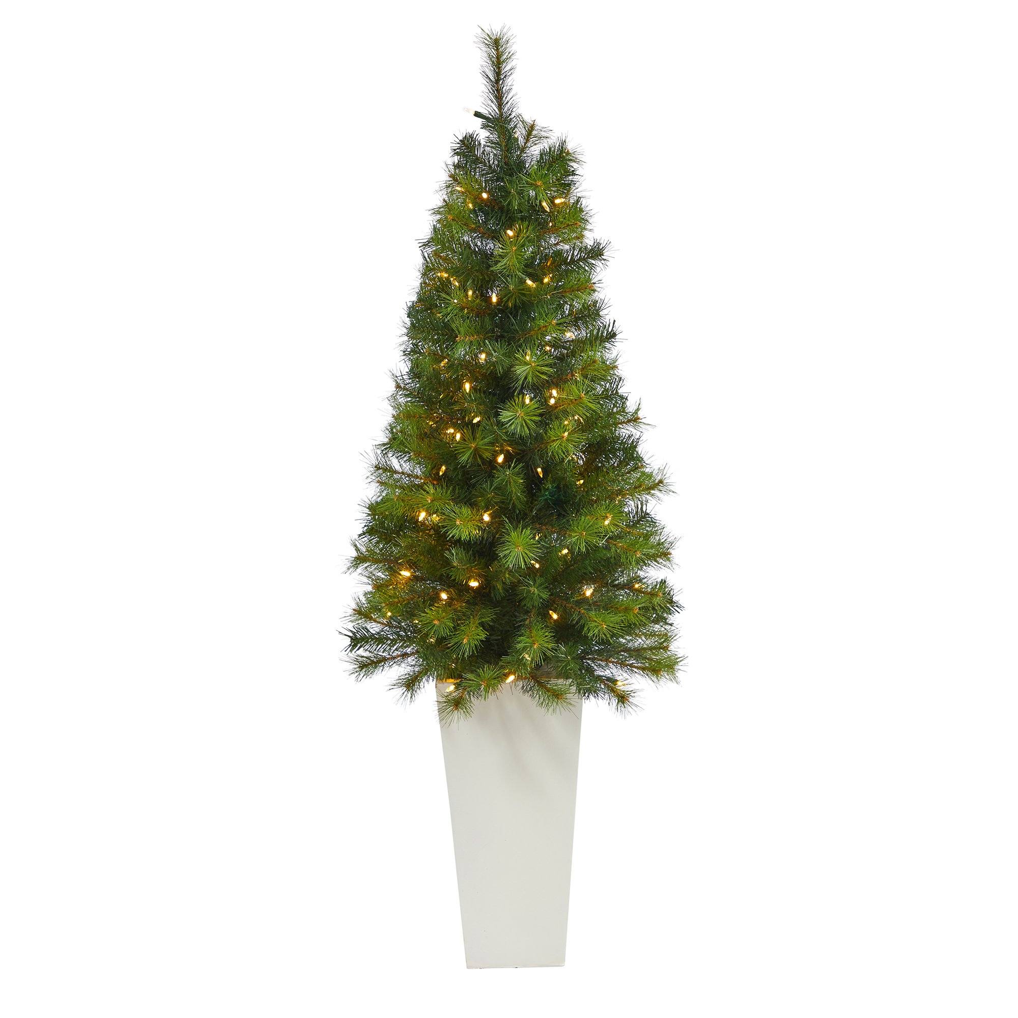 57” Green Valley Pine Artificial Christmas Tree with 100 Warm White LED Lights and 201 Bendable Branches in Tall White Planter