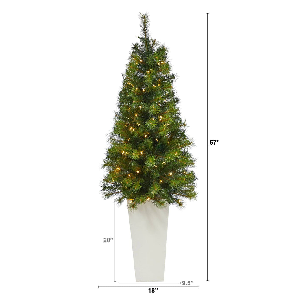 57” Green Valley Pine Artificial Christmas Tree with 100 Warm White LED Lights and 201 Bendable Branches in Tall White Planter