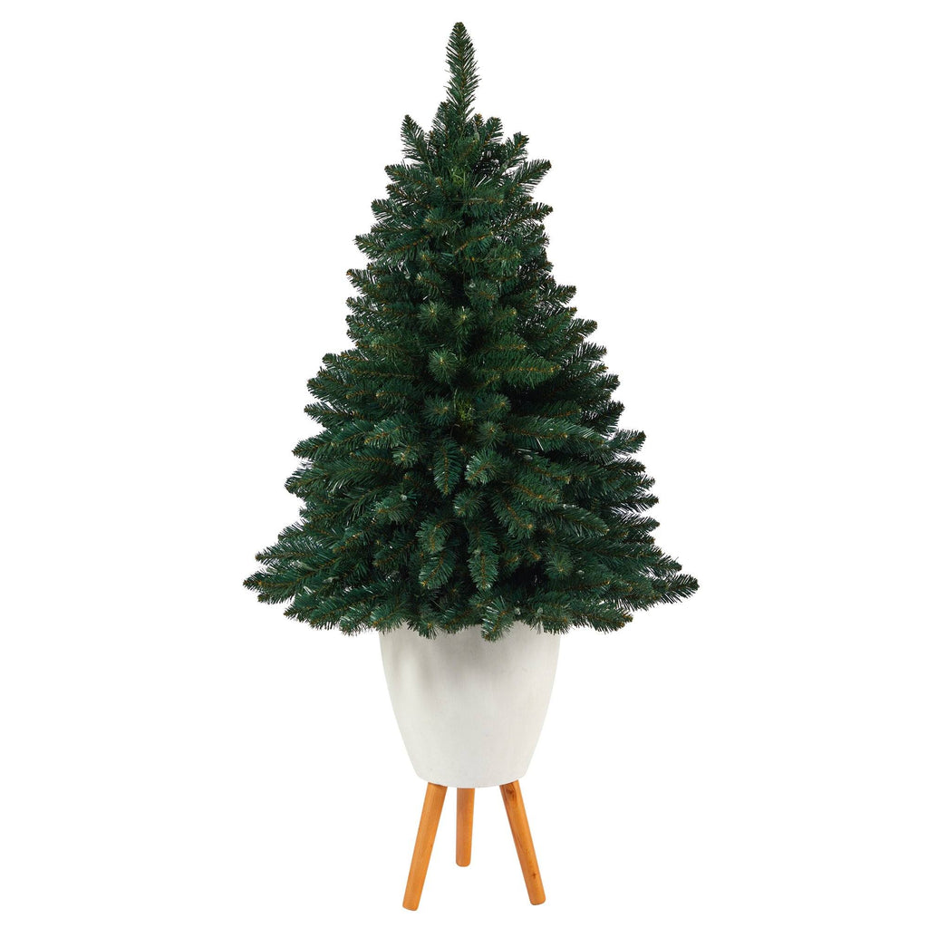 57” Northern Rocky Spruce Artificial Christmas Tree with 100 Clear Lights and 322 Bendable Branches in White Planter with Stand