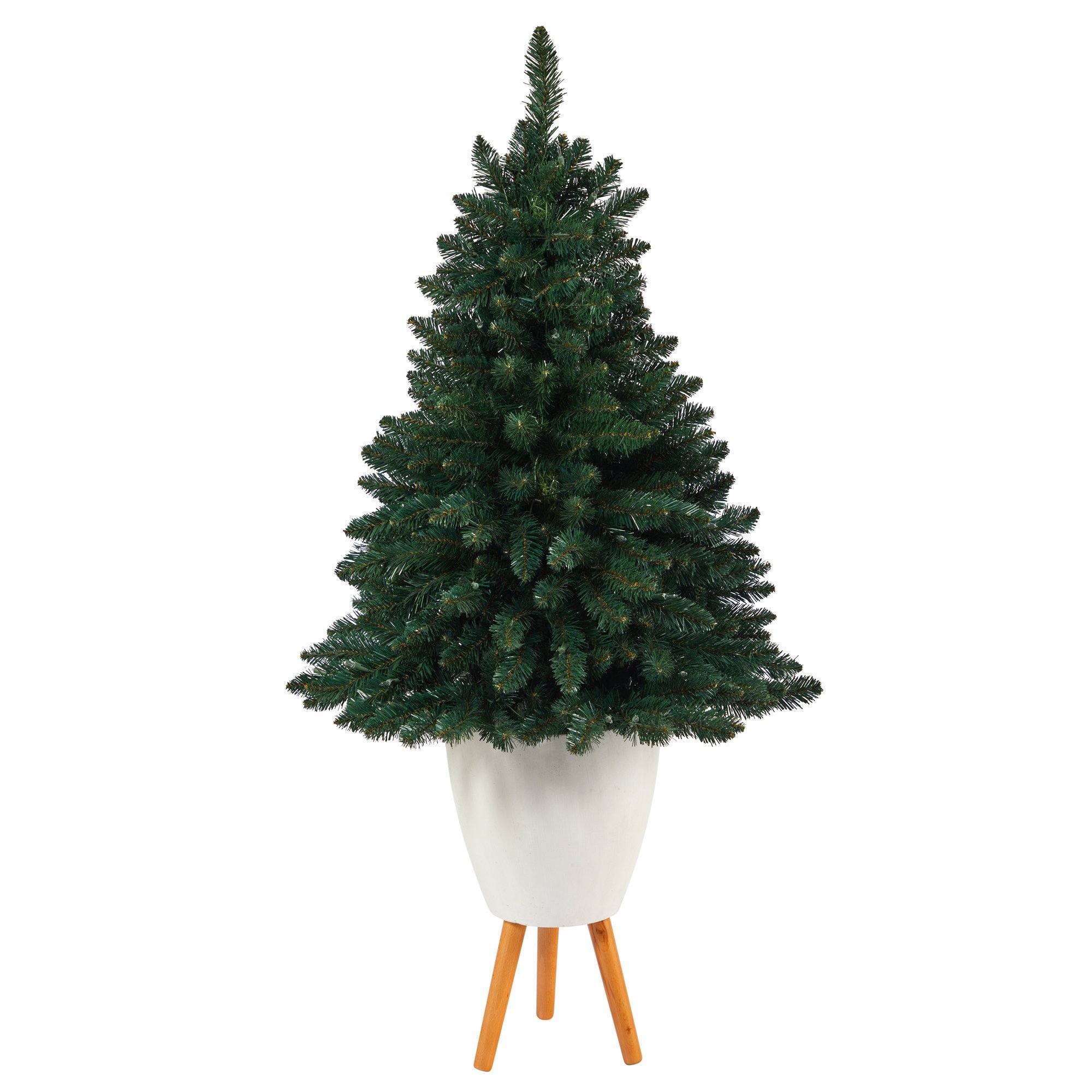 57” Northern Rocky Spruce Artificial Christmas Tree with 100 Clear Lights and 322 Bendable Branches in White Planter with Stand