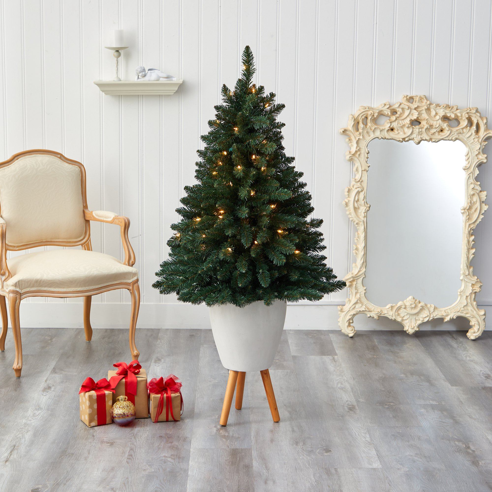 57” Northern Rocky Spruce Artificial Christmas Tree with 100 Clear Lights and 322 Bendable Branches in White Planter with Stand