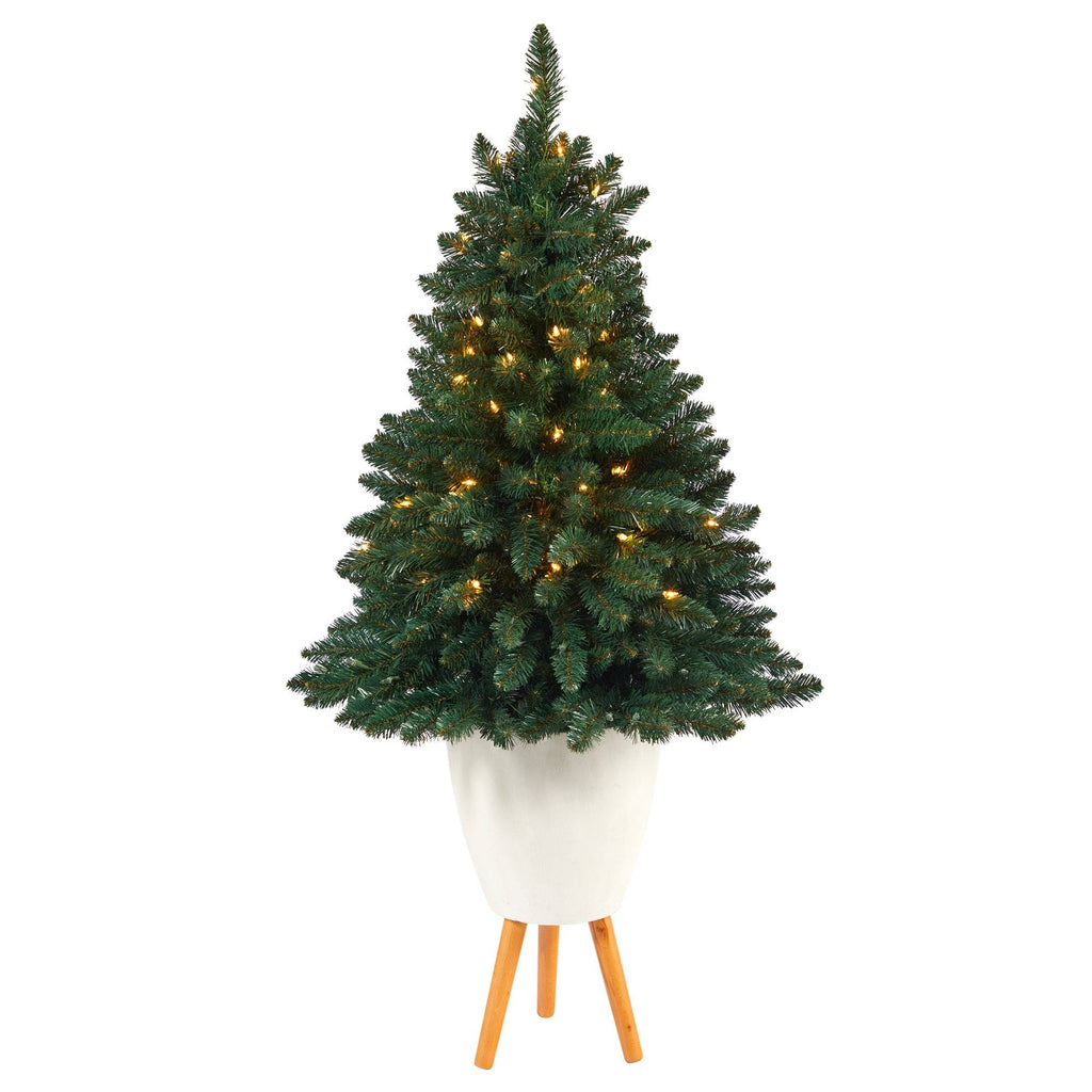 57” Northern Rocky Spruce Artificial Christmas Tree with 100 Clear Lights and 322 Bendable Branches in White Planter with Stand
