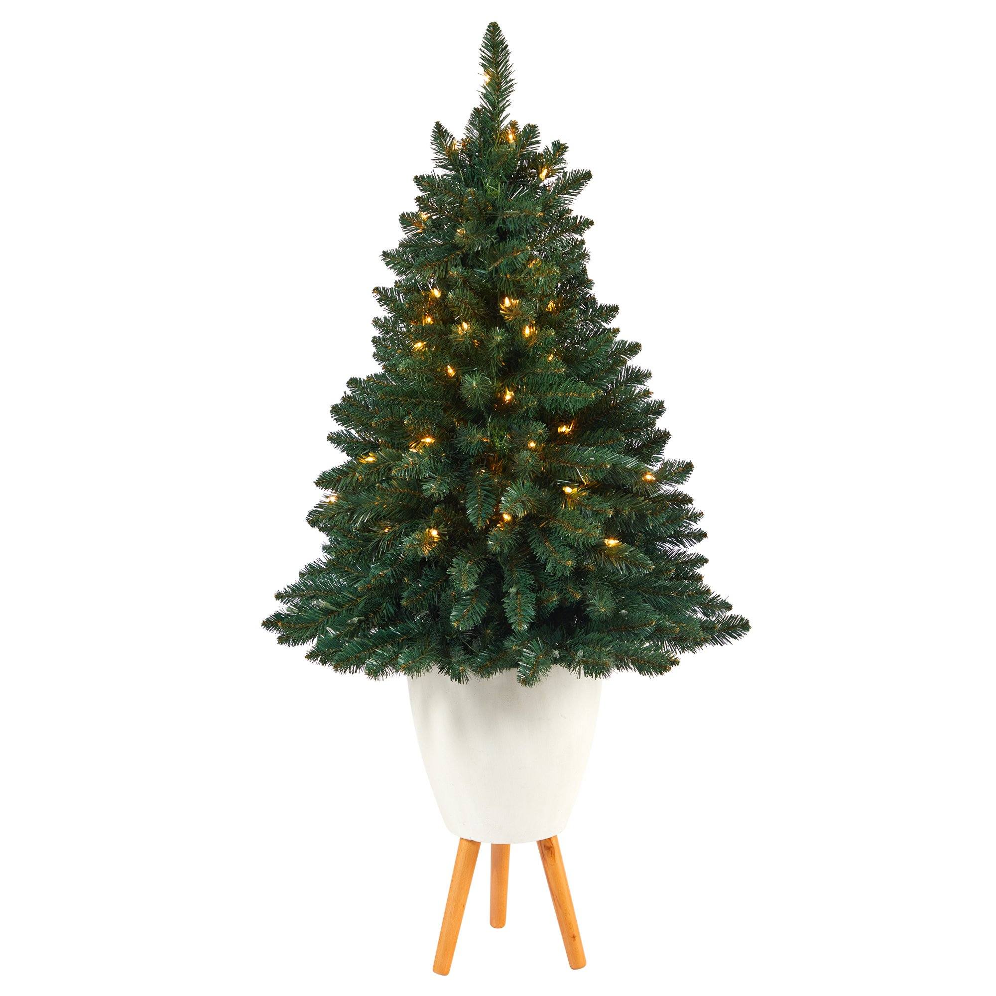 57” Northern Rocky Spruce Artificial Christmas Tree with 100 Clear Lights and 322 Bendable Branches in White Planter with Stand