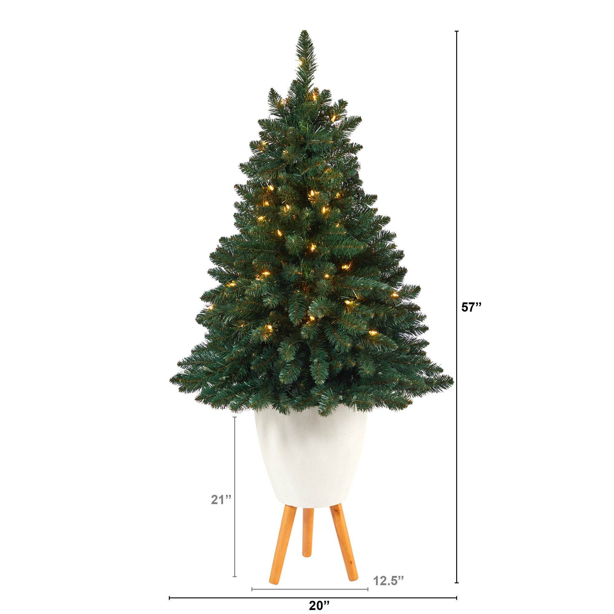 57” Northern Rocky Spruce Artificial Christmas Tree with 100 Clear Lights and 322 Bendable Branches in White Planter with Stand