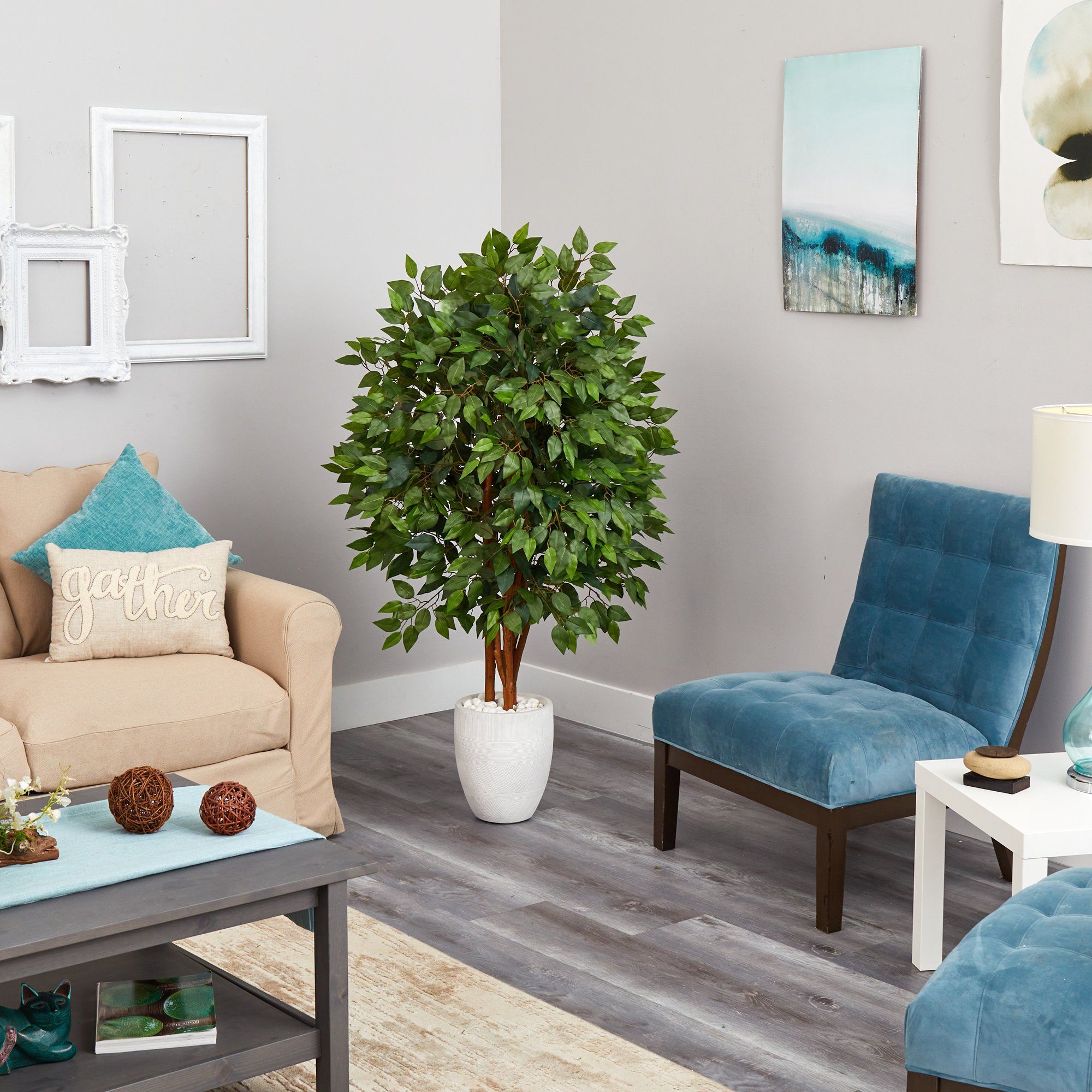 57” Super Deluxe Artificial Ficus Tree in White Planter