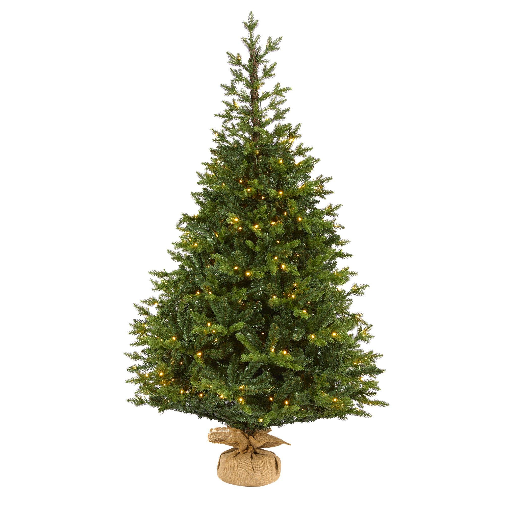 6’ Fraser Fir “Natural Look” Artificial Christmas Tree with 300 Clear LED Lights, a Burlap Base and 2113 Bendable Branches