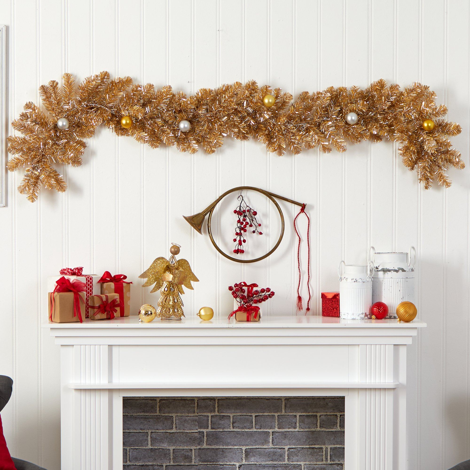 6' Holiday Christmas Golden Garland with Ornaments and 50 Warm White Lights
