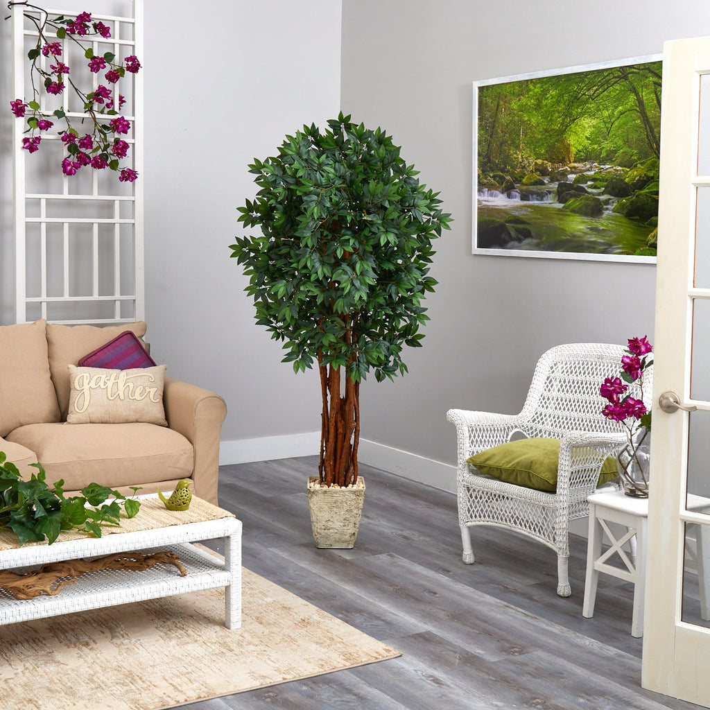 6’ Lychee Artificial Tree in Country White Planter
