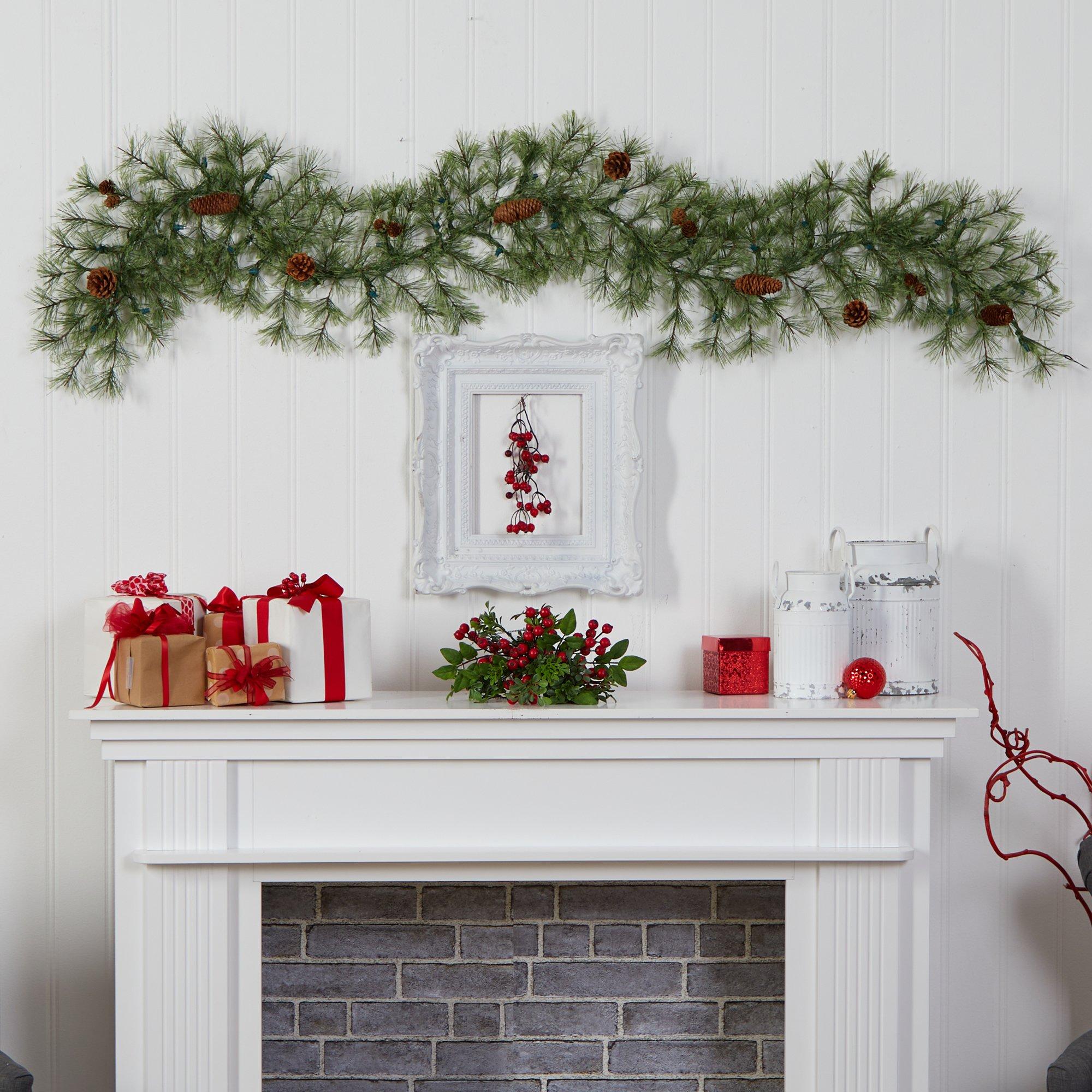 6' North Carolina Pine Artificial Christmas Garland with 30 Warm White LED Lights and Pinecones
