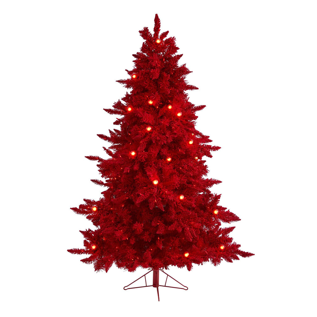 6' Red Flocked Fraser Fir Artificial Christmas Tree with 350 Red Lights, 33 Globe Bulbs and 748 Bendable Branches