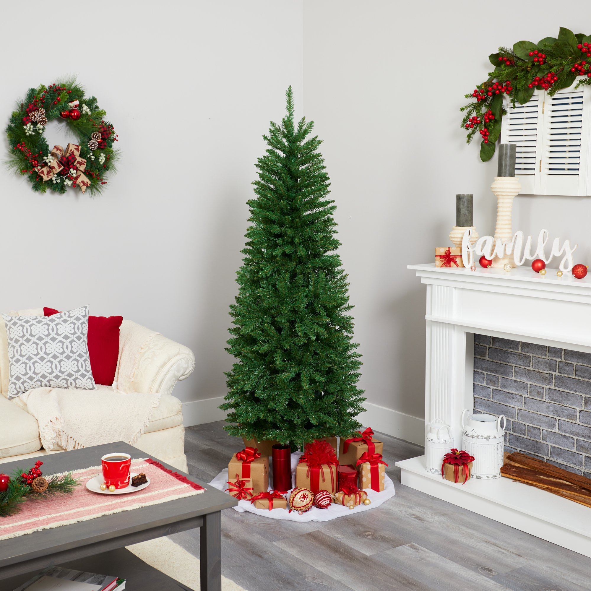 6’ Slim Green Mountain Pine Artificial Christmas Tree with 250 Clear LED Lights