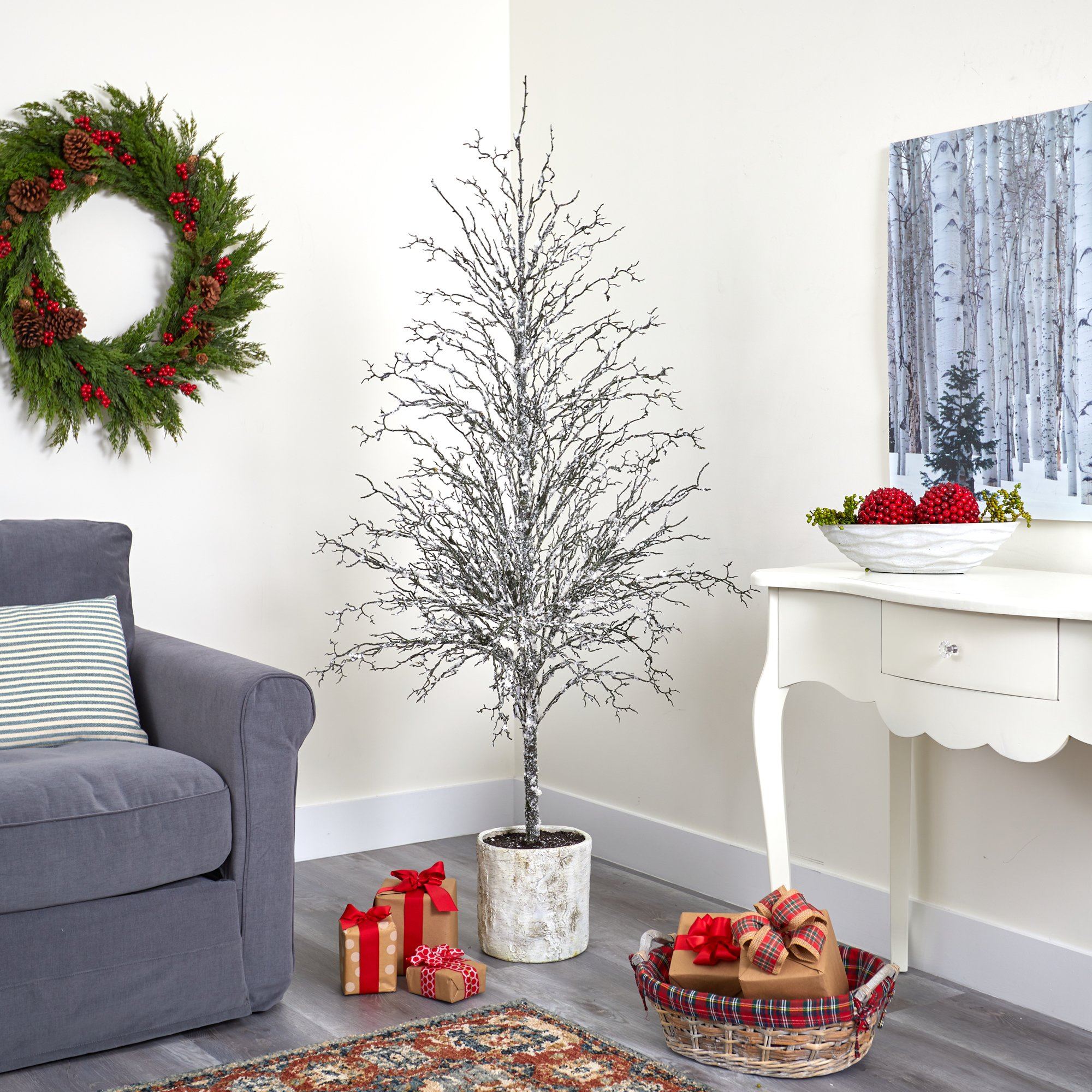 6’ Snowed Twig Artificial Christmas Tree in Decorative Planter