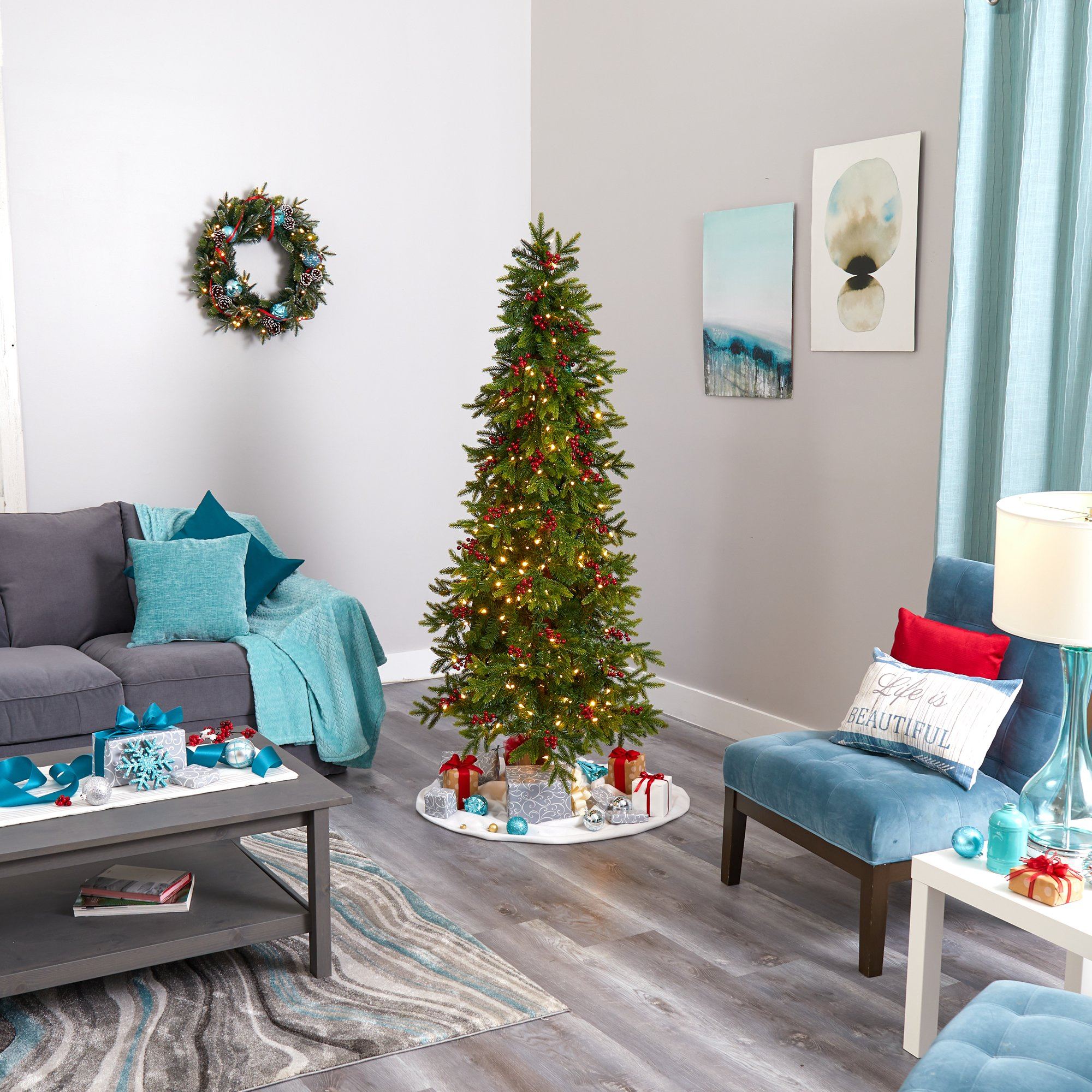 6' Victoria Fir Artificial Christmas Tree with 250 Multi-Color (Multifunction) LED Lights, Berries and 415 Bendable Branches