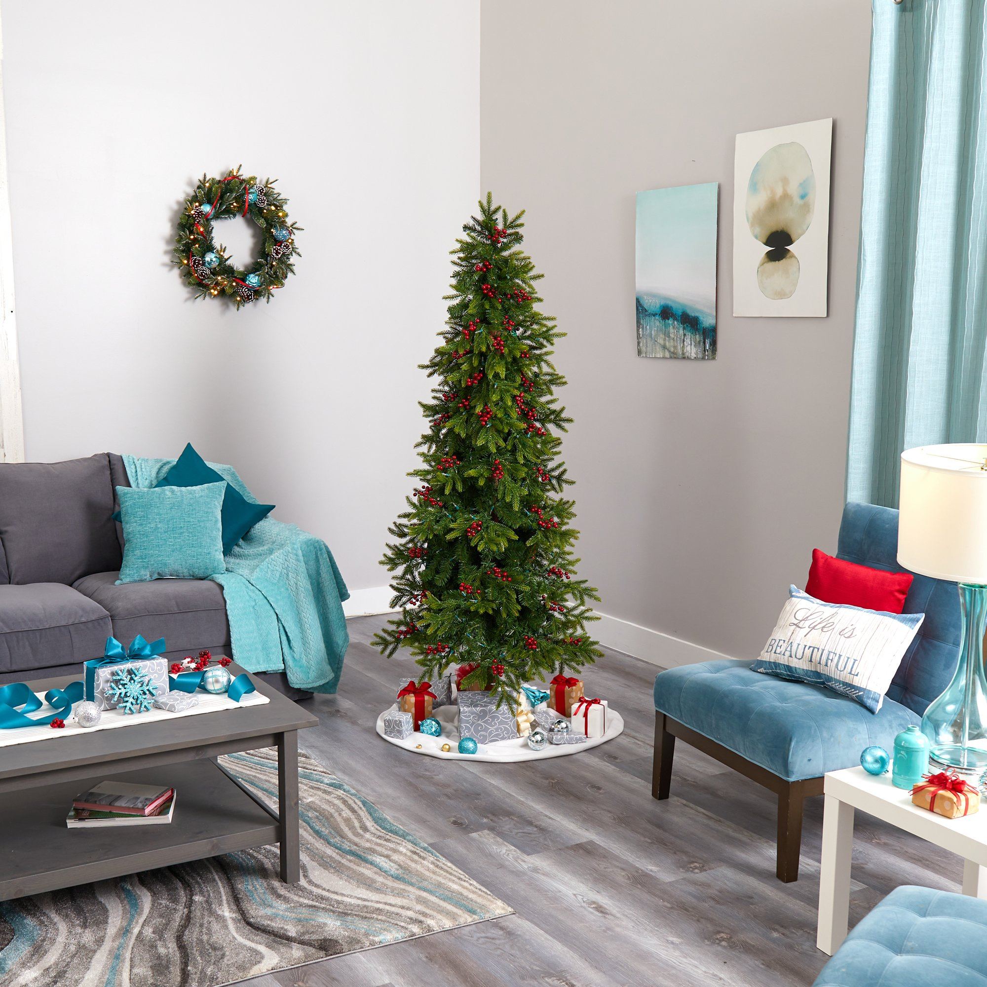 6' Victoria Fir Artificial Christmas Tree with 250 Multi-Color (Multifunction) LED Lights, Berries and 415 Bendable Branches