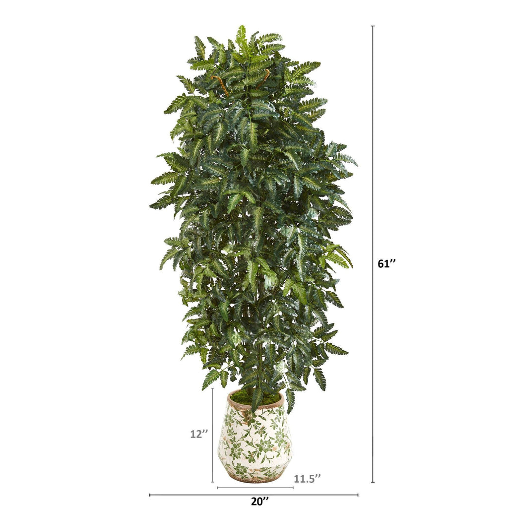61” Bracken Fern Artificial Plant in Vintage Floral Planter