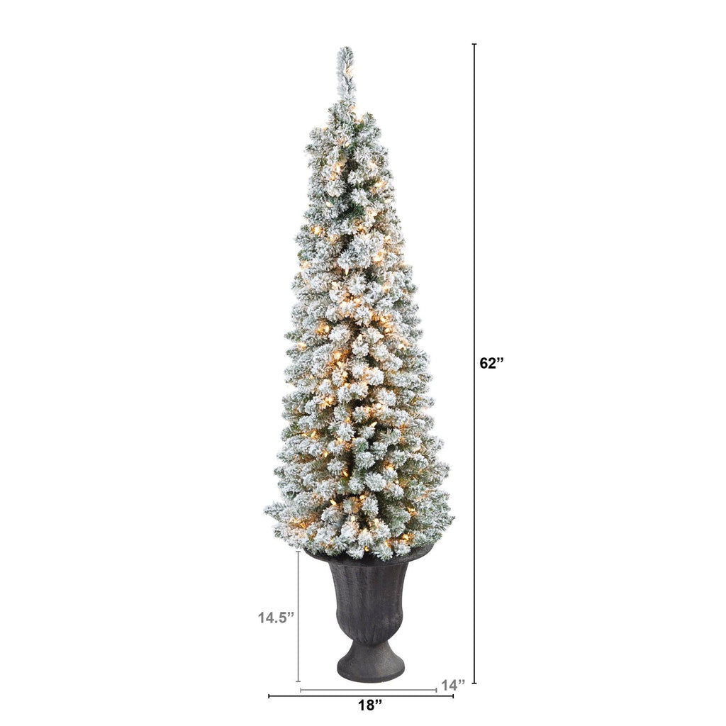 62” Flocked Pencil Artificial Christmas Tree with 200 Clear Lights and 318 Bendable Branches in Charcoal Urn