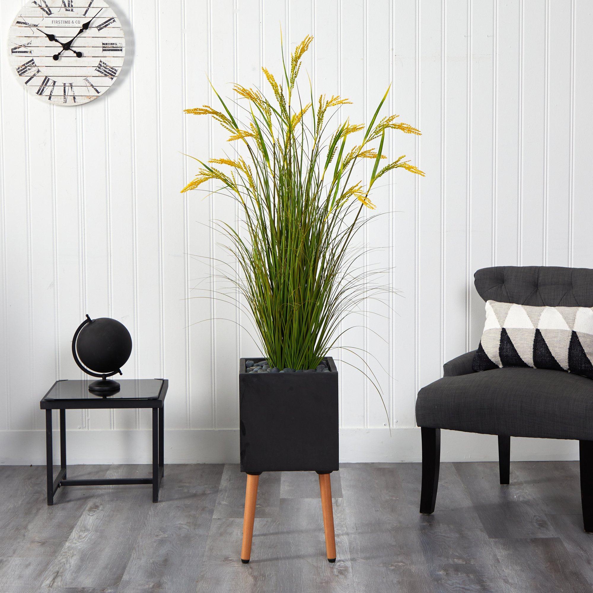 62” Wheat Grain Artificial Plant in Black Planter with Stand