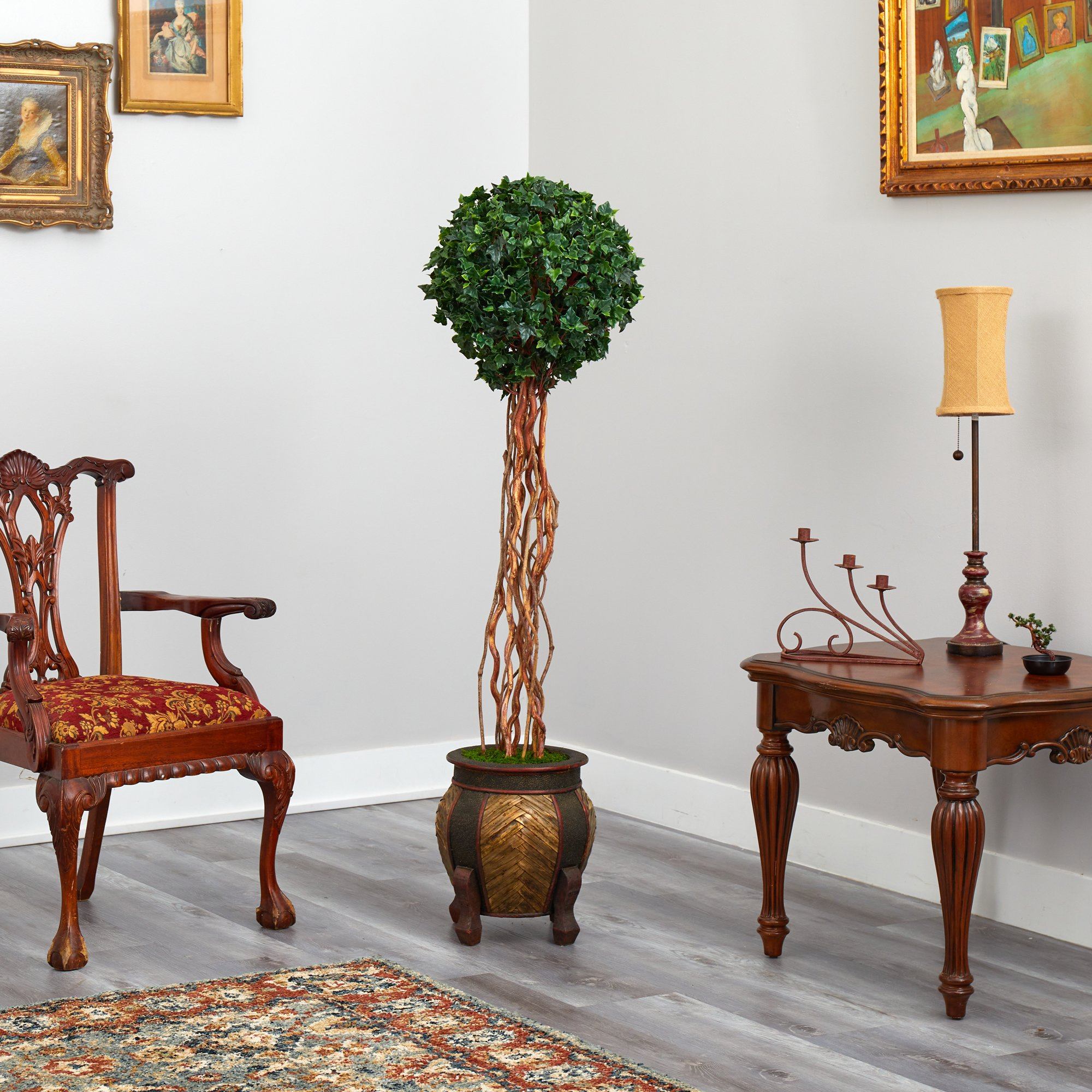 63” English Ivy Single Ball Artificial Topiary Tree in Decorative Planter (Indoor/Outdoor)