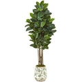 63” Rubber Leaf Artificial Tree in Floral Print Planter