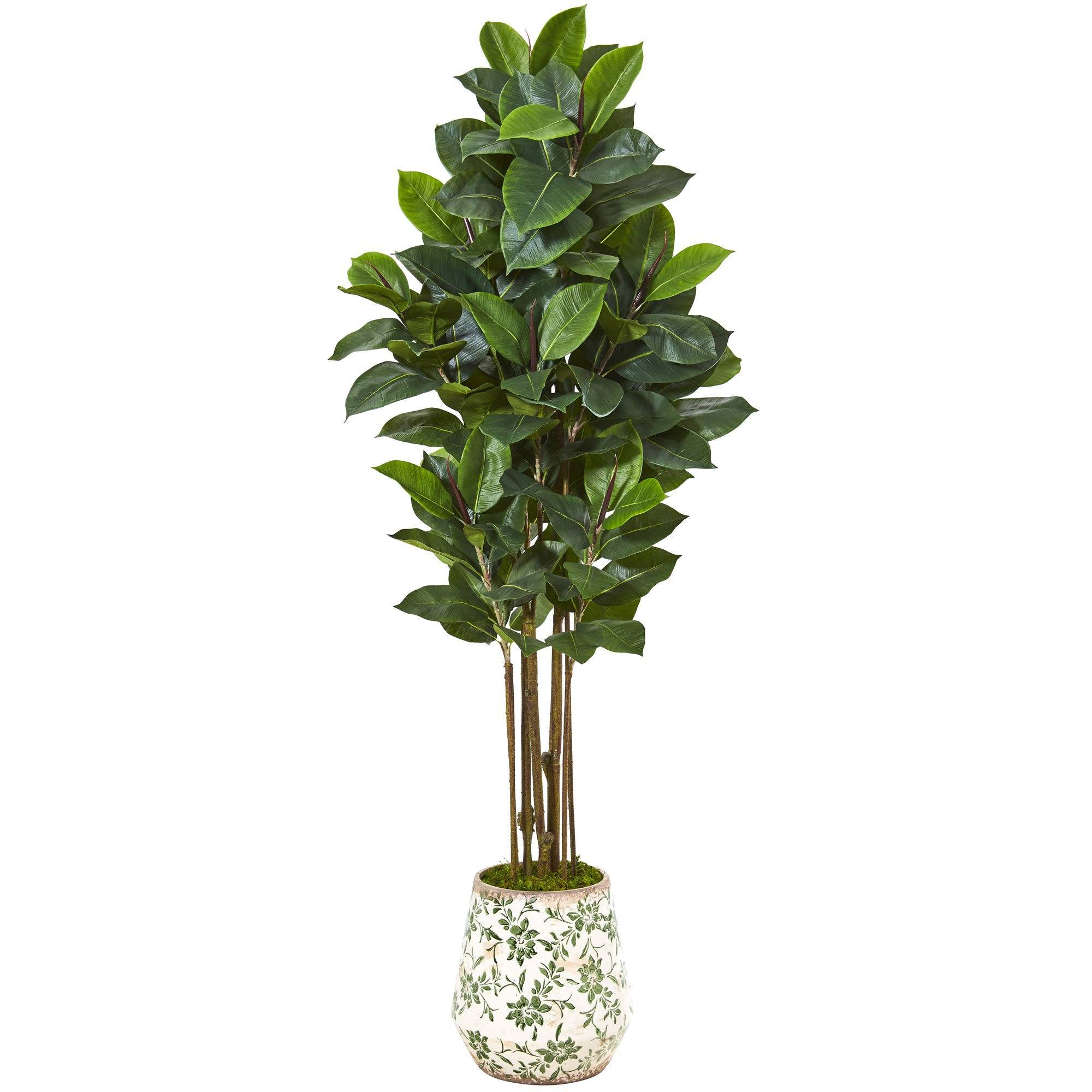 63” Rubber Leaf Artificial Tree in Floral Print Planter