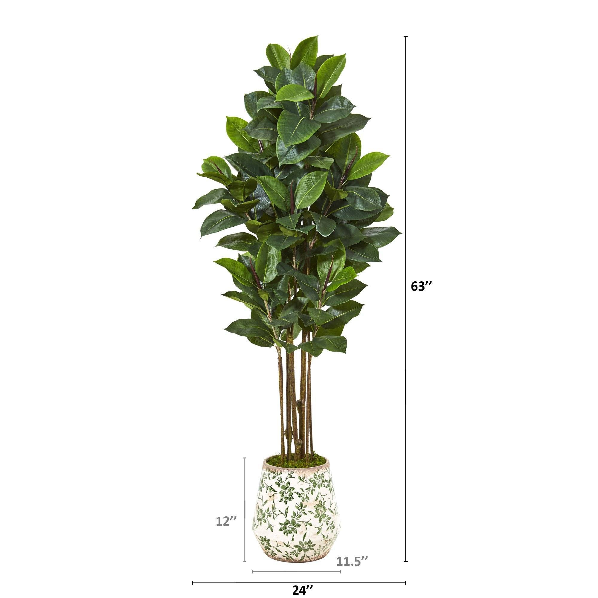 63” Rubber Leaf Artificial Tree in Floral Print Planter
