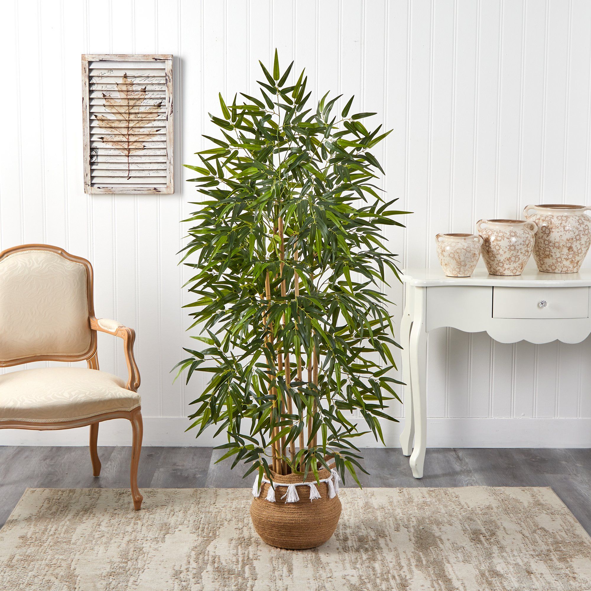 64” Bamboo Tree with Natural Bamboo Trunks in Boho Chic Handmade Natural Planter with Tassels