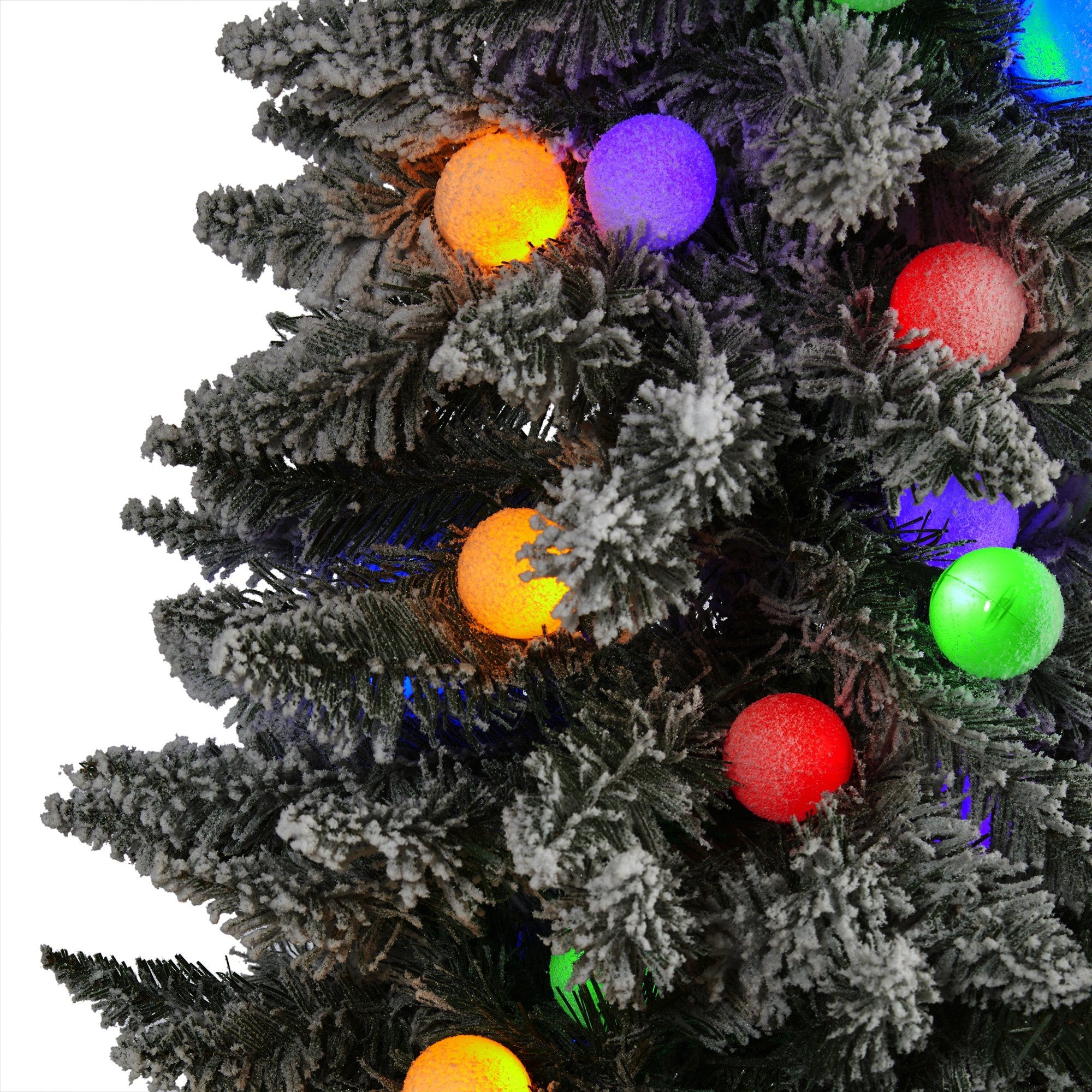 6.5' Flocked British Columbia Mountain Fir Artificial Christmas Tree with 75 Multi Color Globe Bulbs and 679 Bendable Branches