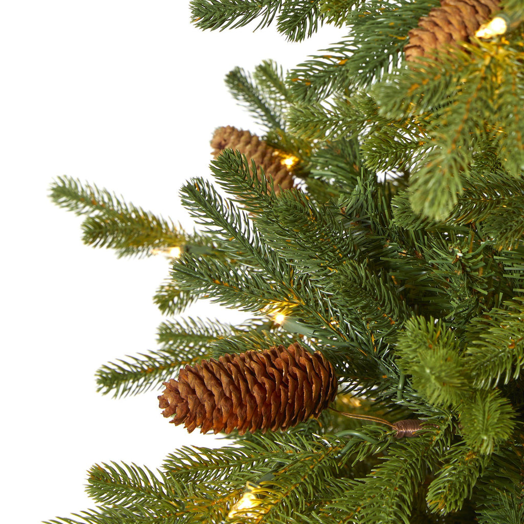 6.5’ Yukon Mountain Fir Artificial Christmas Tree with 450 Clear Lights, Pine Cones and 1236 Bendable Branches