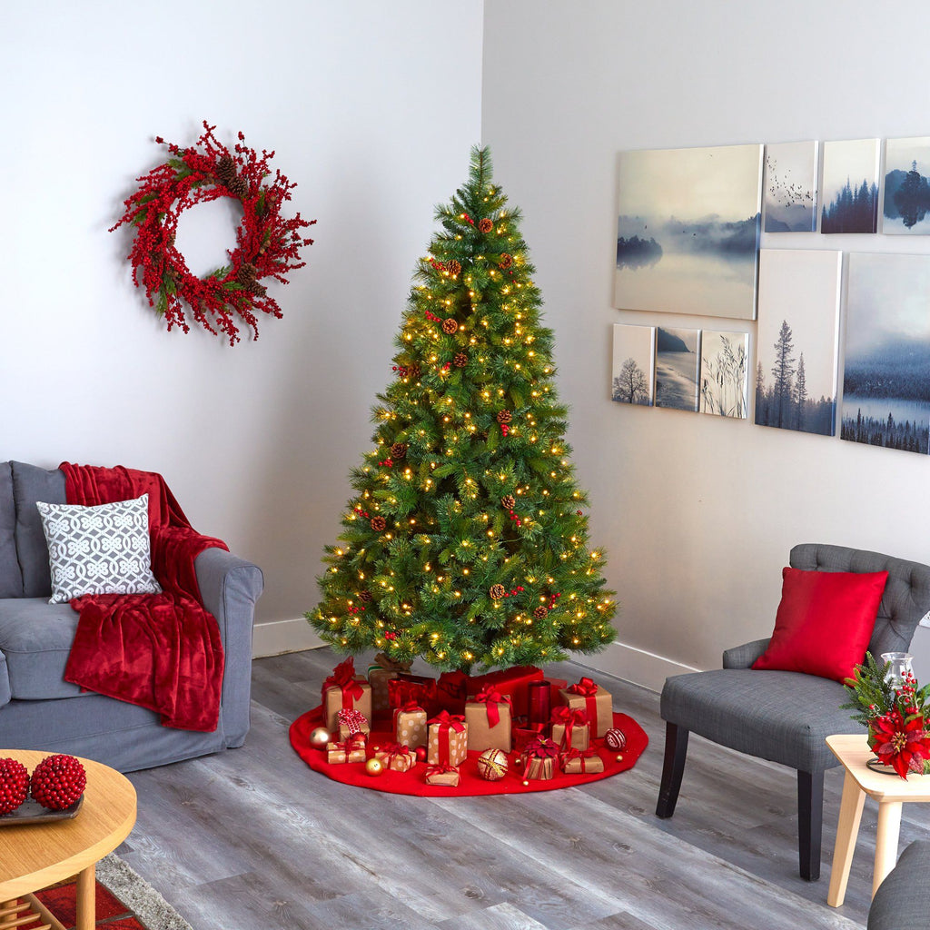 7’ Aberdeen Spruce Artificial Christmas Tree with 500 Clear LED Lights, Pine Cones and Red Berries