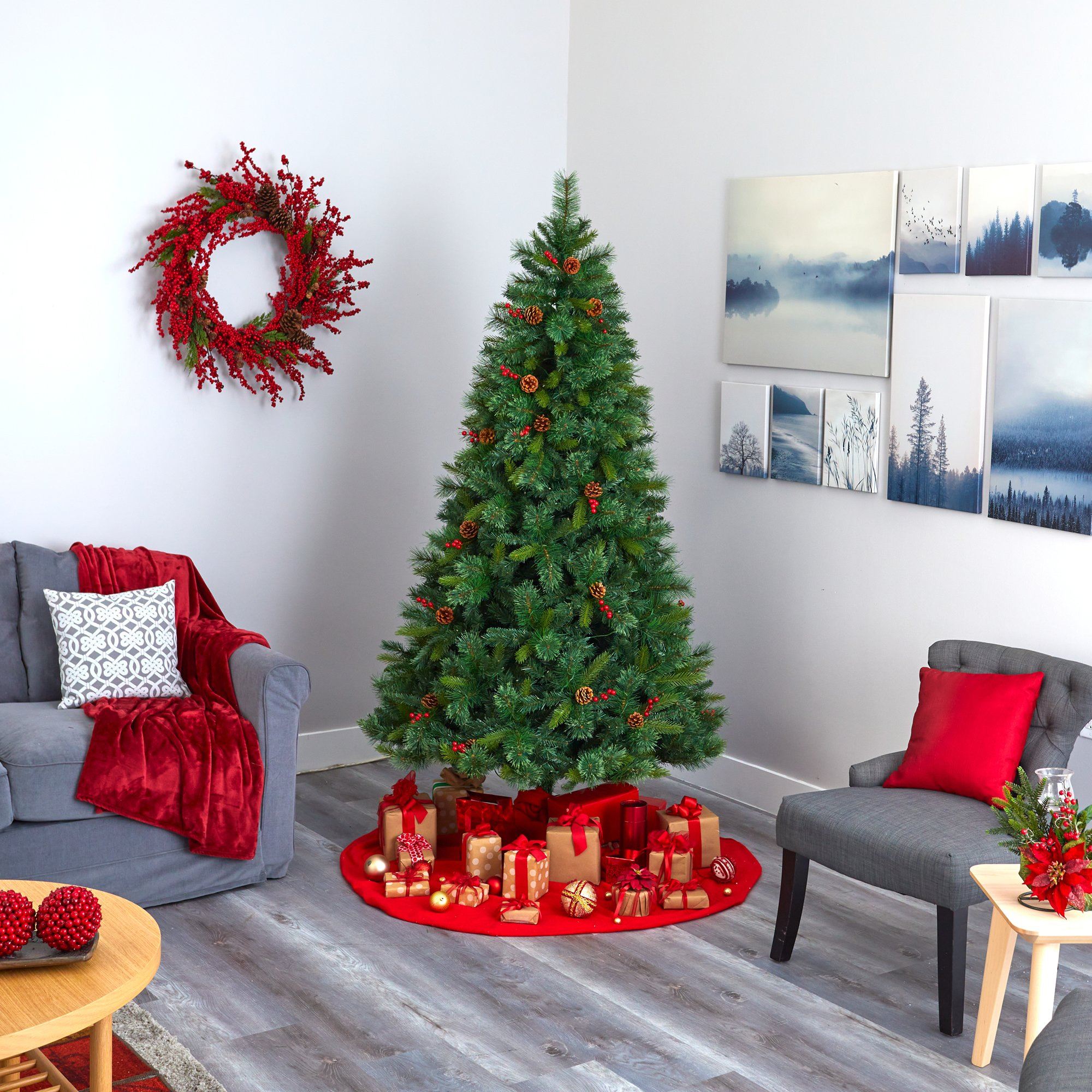 7’ Aberdeen Spruce Artificial Christmas Tree with 500 Clear LED Lights, Pine Cones and Red Berries