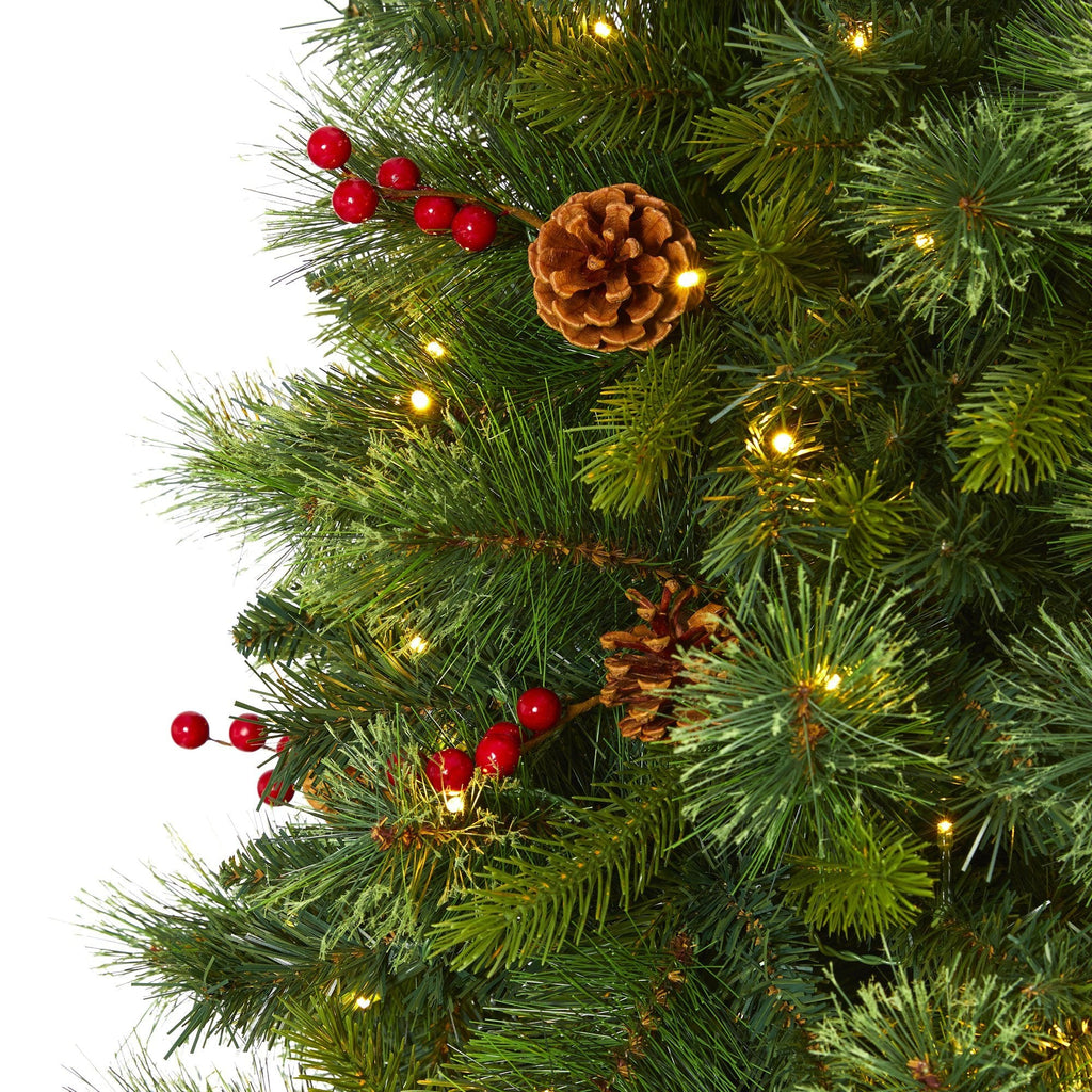 7’ Aberdeen Spruce Artificial Christmas Tree with 500 Clear LED Lights, Pine Cones and Red Berries