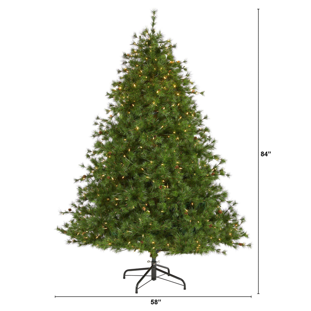 7’ Colorado Mountain Pine Artificial Christmas Tree with 450 Clear Lights, 1453 Bendable Branches and Pine Cones