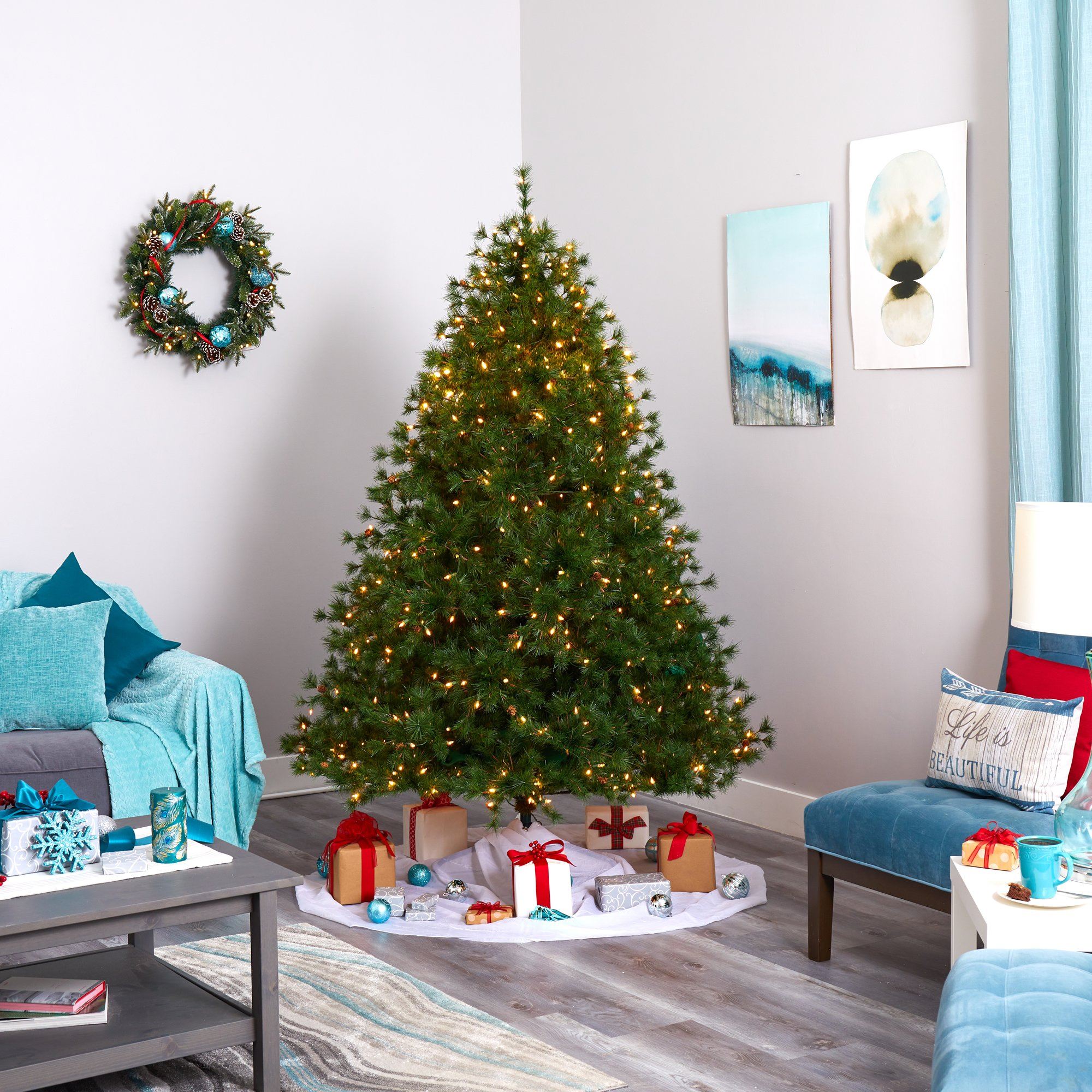 7’ Colorado Mountain Pine Artificial Christmas Tree with 450 Clear Lights, 1453 Bendable Branches and Pine Cones