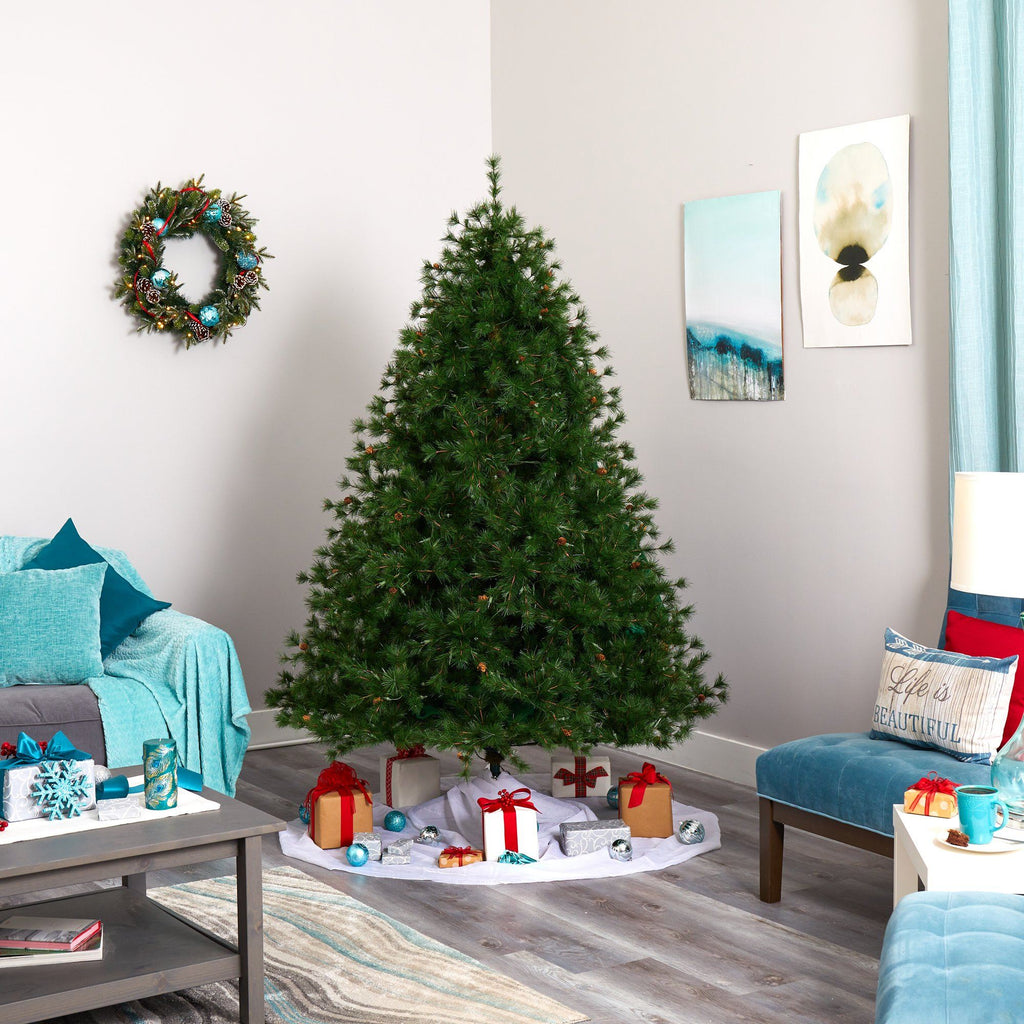 7’ Colorado Mountain Pine Artificial Christmas Tree with 450 Clear Lights, 1453 Bendable Branches and Pine Cones