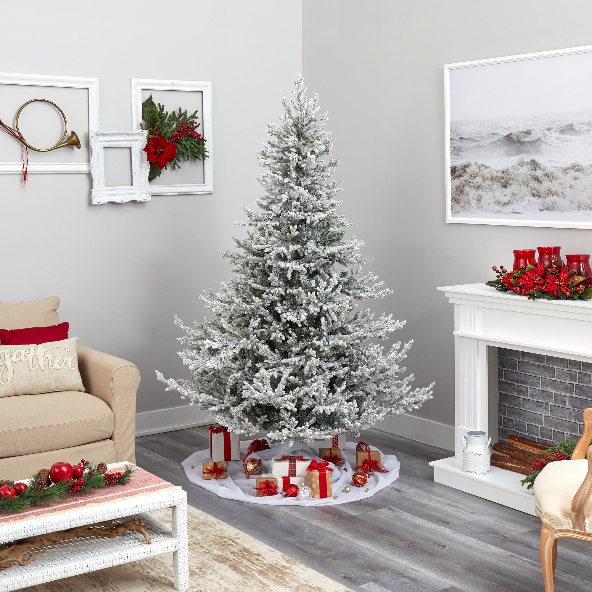 7’ Flocked Fraser Fir Artificial Christmas Tree with 600 Warm White Lights and 3852 Bendable Branches