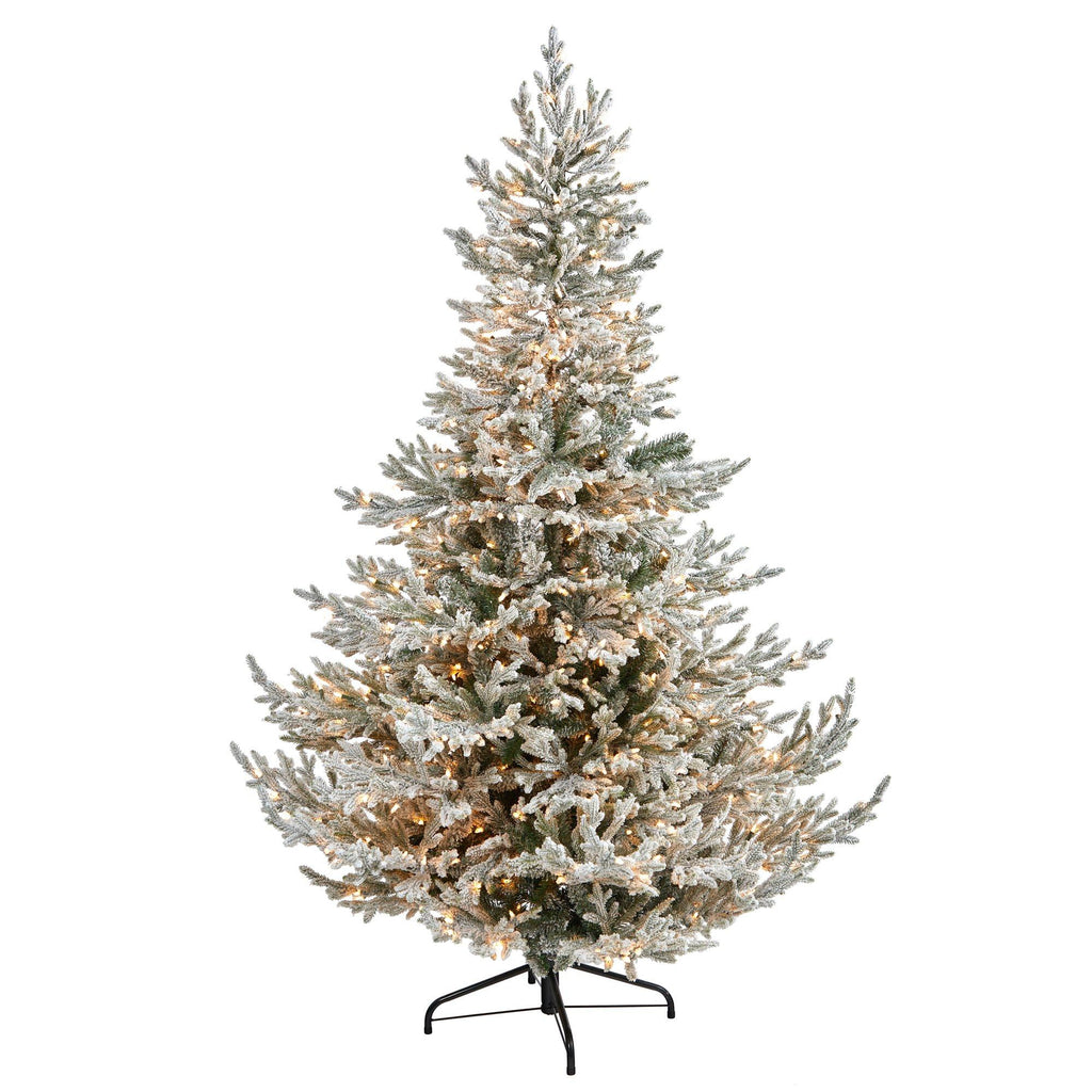 7’ Flocked Fraser Fir Artificial Christmas Tree with 600 Warm White Lights and 3852 Bendable Branches