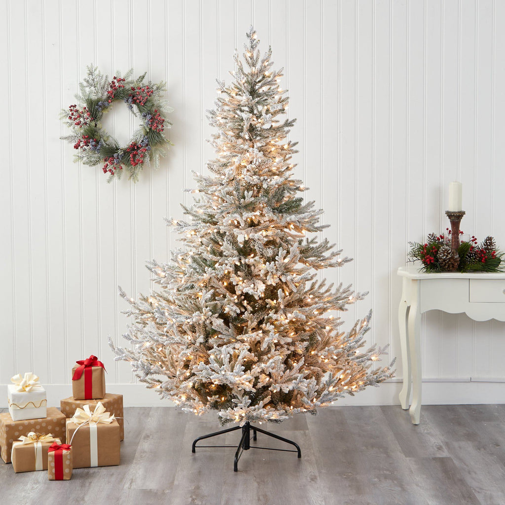 7’ Flocked Fraser Fir Artificial Christmas Tree with 600 Warm White Lights and 3852 Bendable Branches