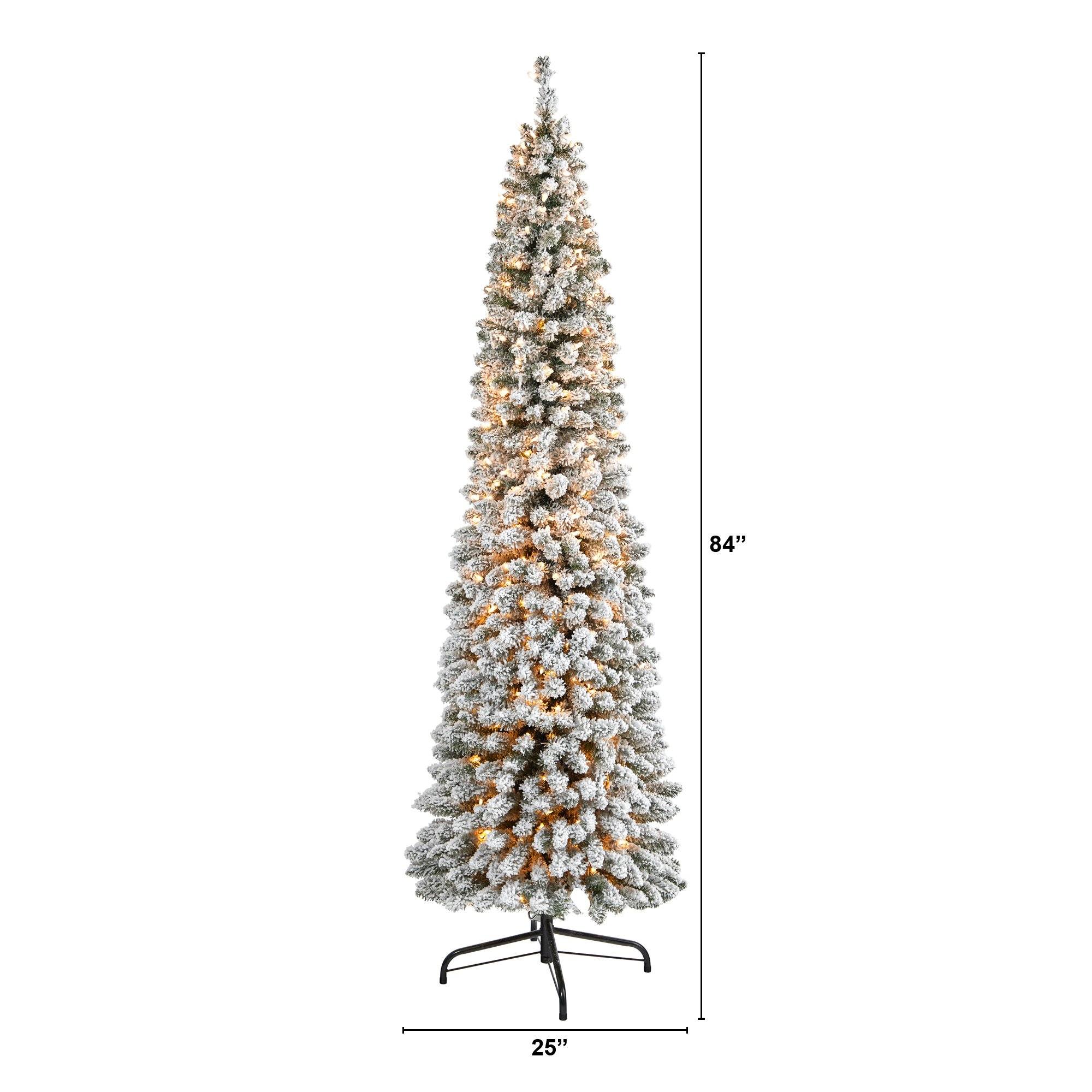 7’ Flocked Pencil Artificial Christmas Tree with 400 Clear Lights and 574 Bendable Branches